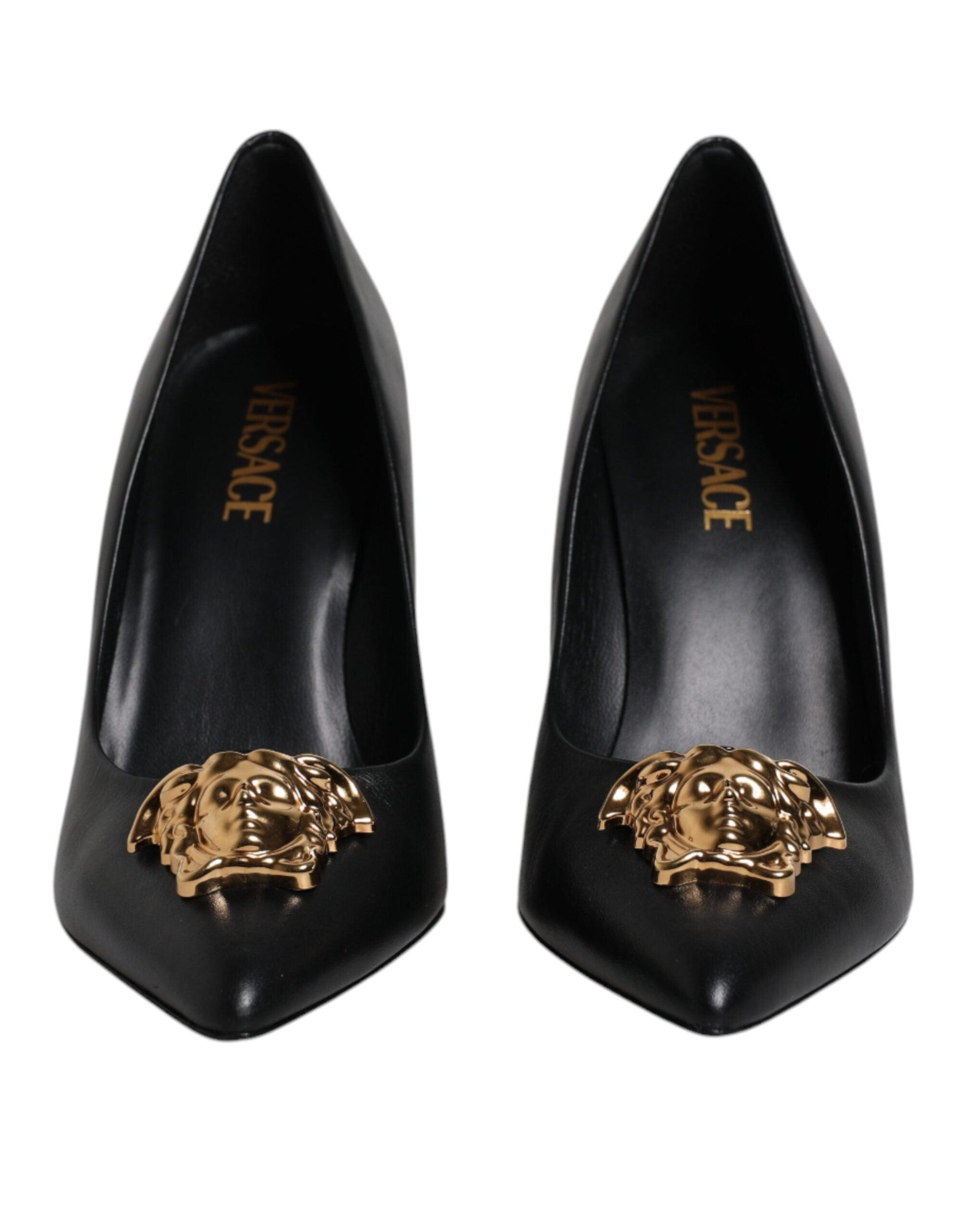 Versace Black Leather High Heel Pumps with Logo Plaque - Arichezz.store