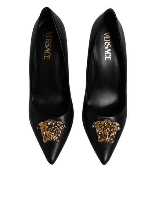 Versace Black Leather High Heel Pumps with Logo Plaque - Arichezz.store