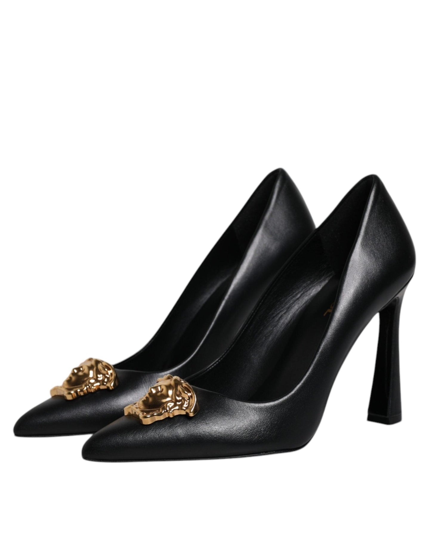 Versace Black Leather High Heel Pumps with Logo Plaque - Arichezz.store