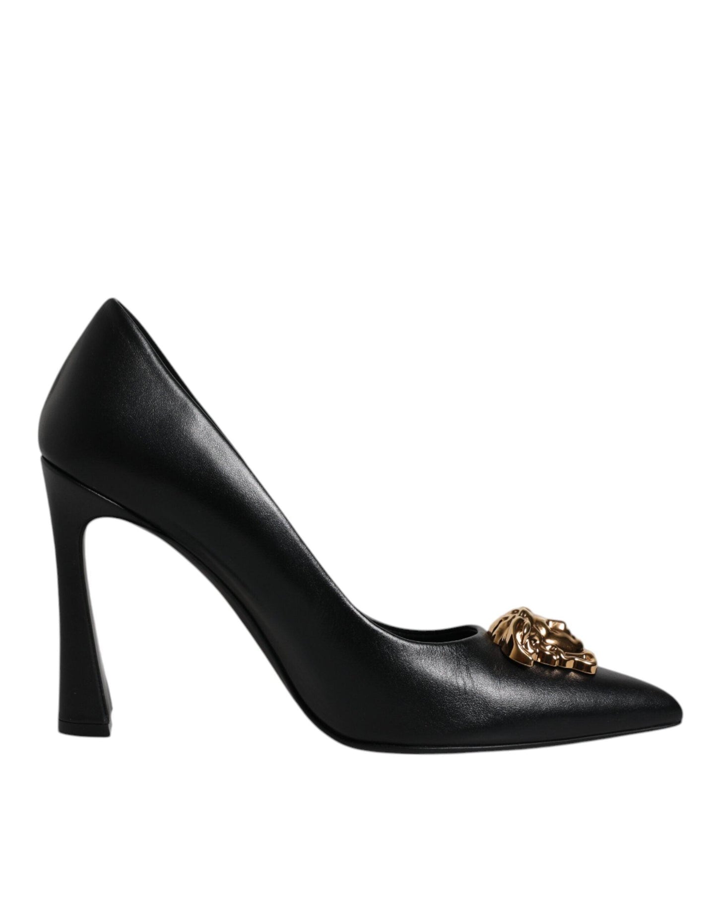 Versace Black Leather High Heel Pumps with Logo Plaque - Arichezz.store