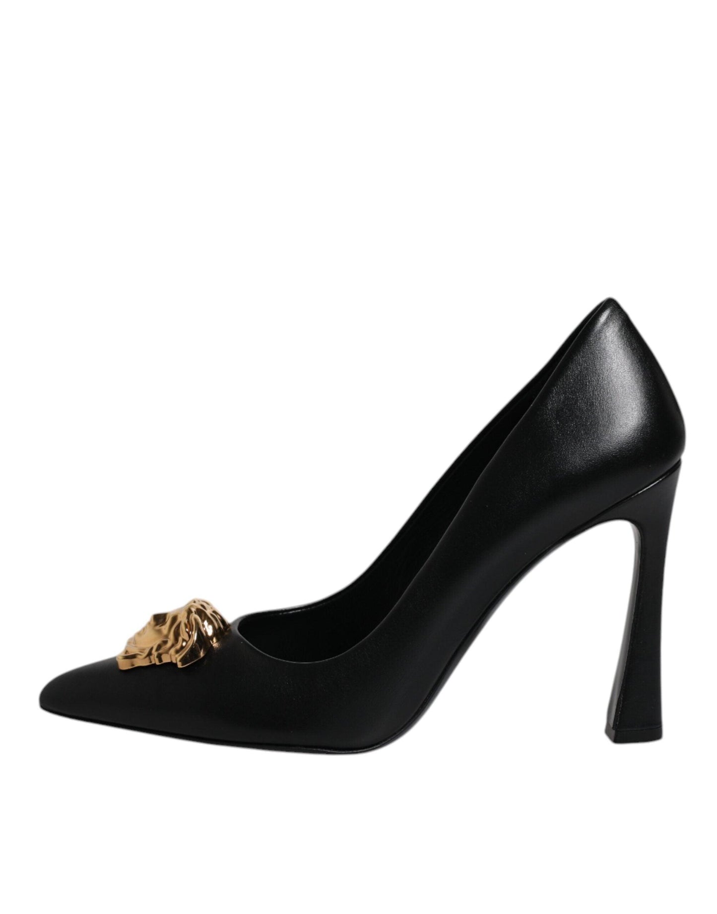 Versace Black Leather High Heel Pumps with Logo Plaque - Arichezz.store