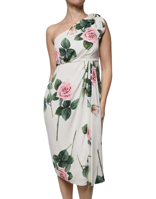 Dolce & Gabbana White Floral Silk One Shoulder Midi Dress - Arichezz.store