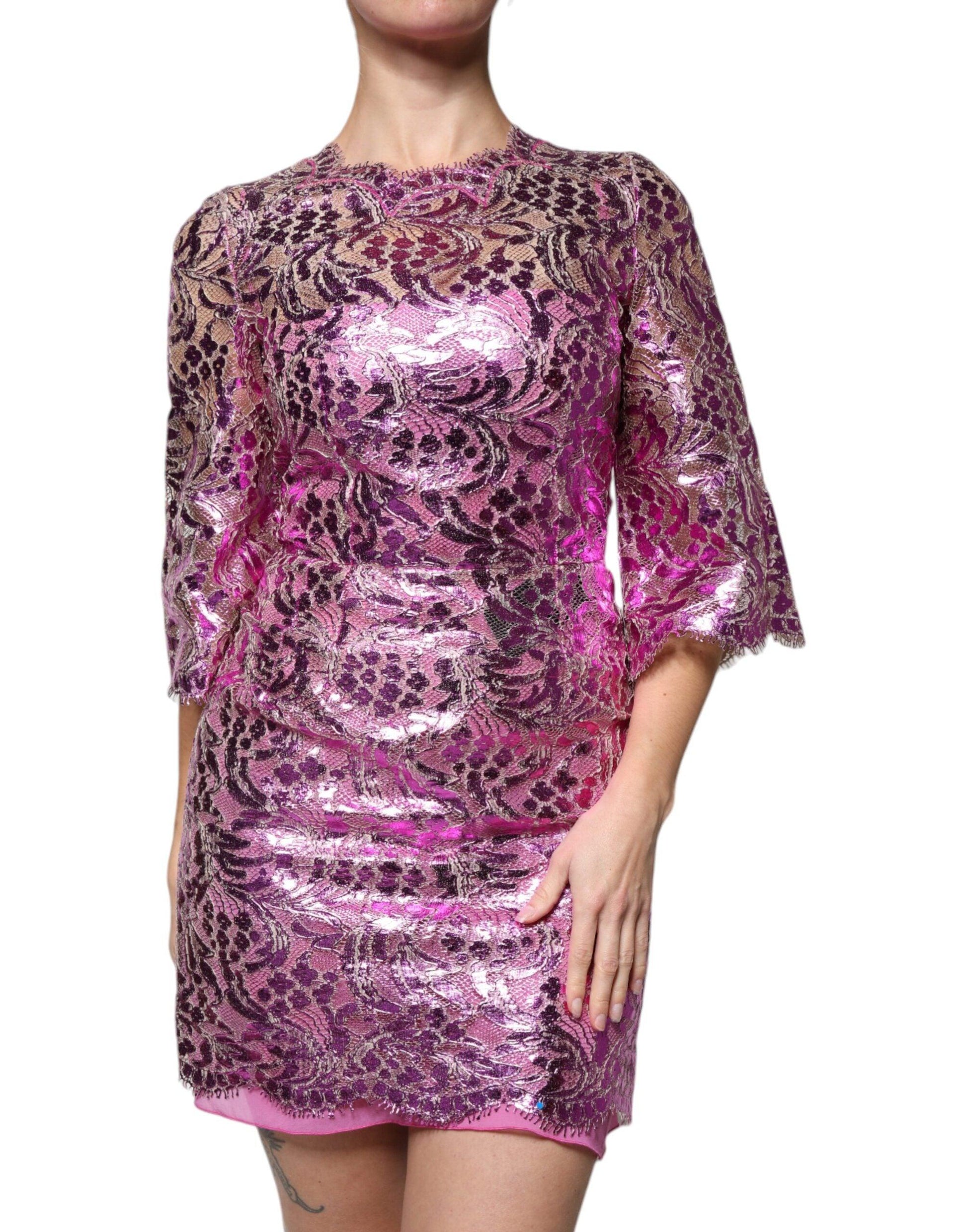 Dolce & Gabbana Metallic Fuchsia Floral Sheath Mini Dress - Arichezz.store