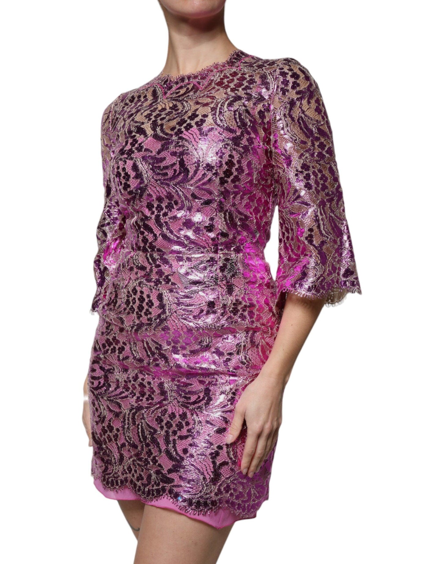 Dolce & Gabbana Metallic Fuchsia Floral Sheath Mini Dress - Arichezz.store