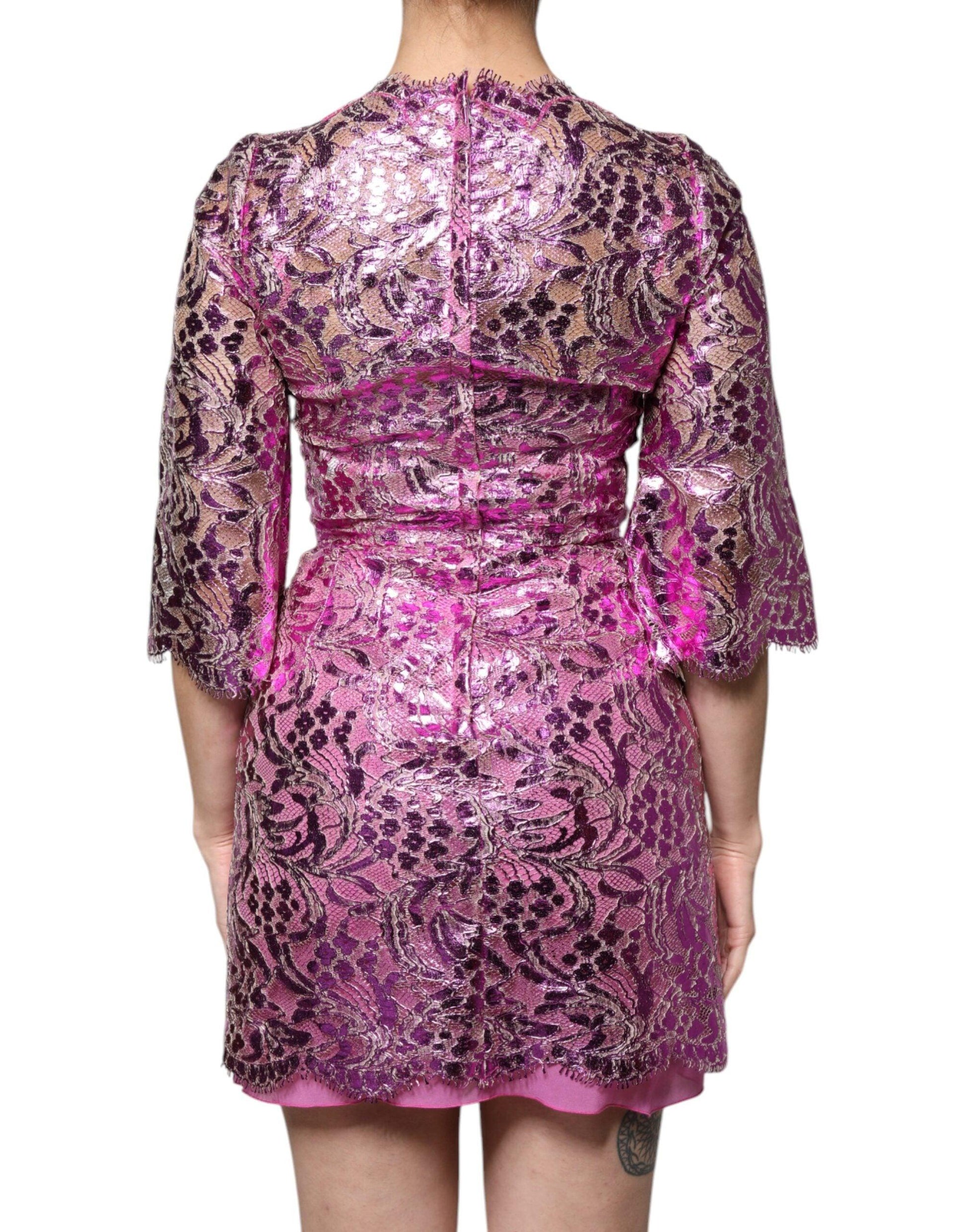 Dolce & Gabbana Metallic Fuchsia Floral Sheath Mini Dress - Arichezz.store