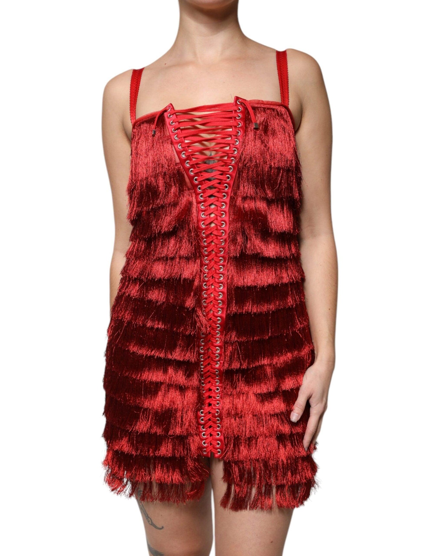 Dolce & Gabbana Red Lace Tassel Sleeveless Sheath Mini Dress - Arichezz.store