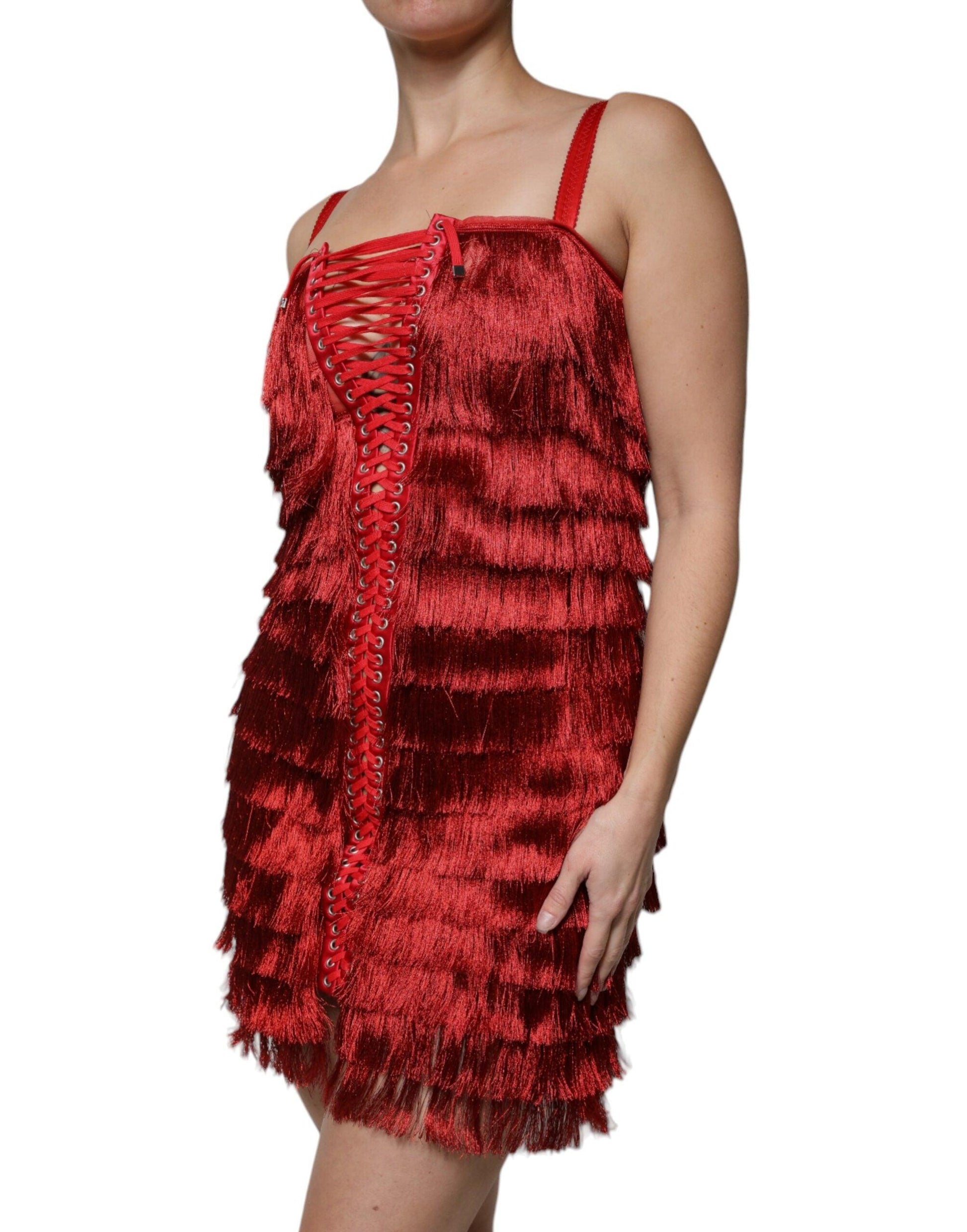 Dolce & Gabbana Red Lace Tassel Sleeveless Sheath Mini Dress - Arichezz.store