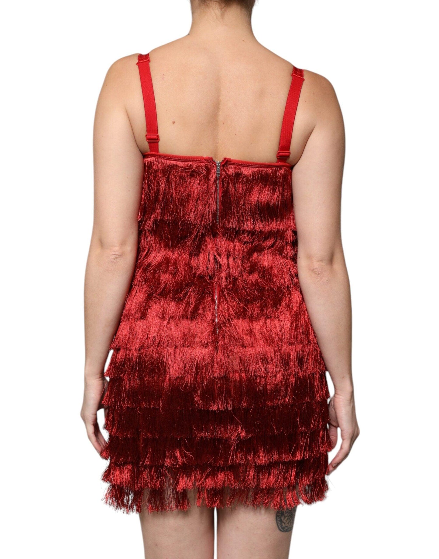 Dolce & Gabbana Red Lace Tassel Sleeveless Sheath Mini Dress - Arichezz.store