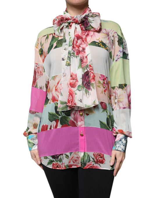 Dolce & Gabbana Multicolor Floral Patchwork Ascot Collar Top - Arichezz.store