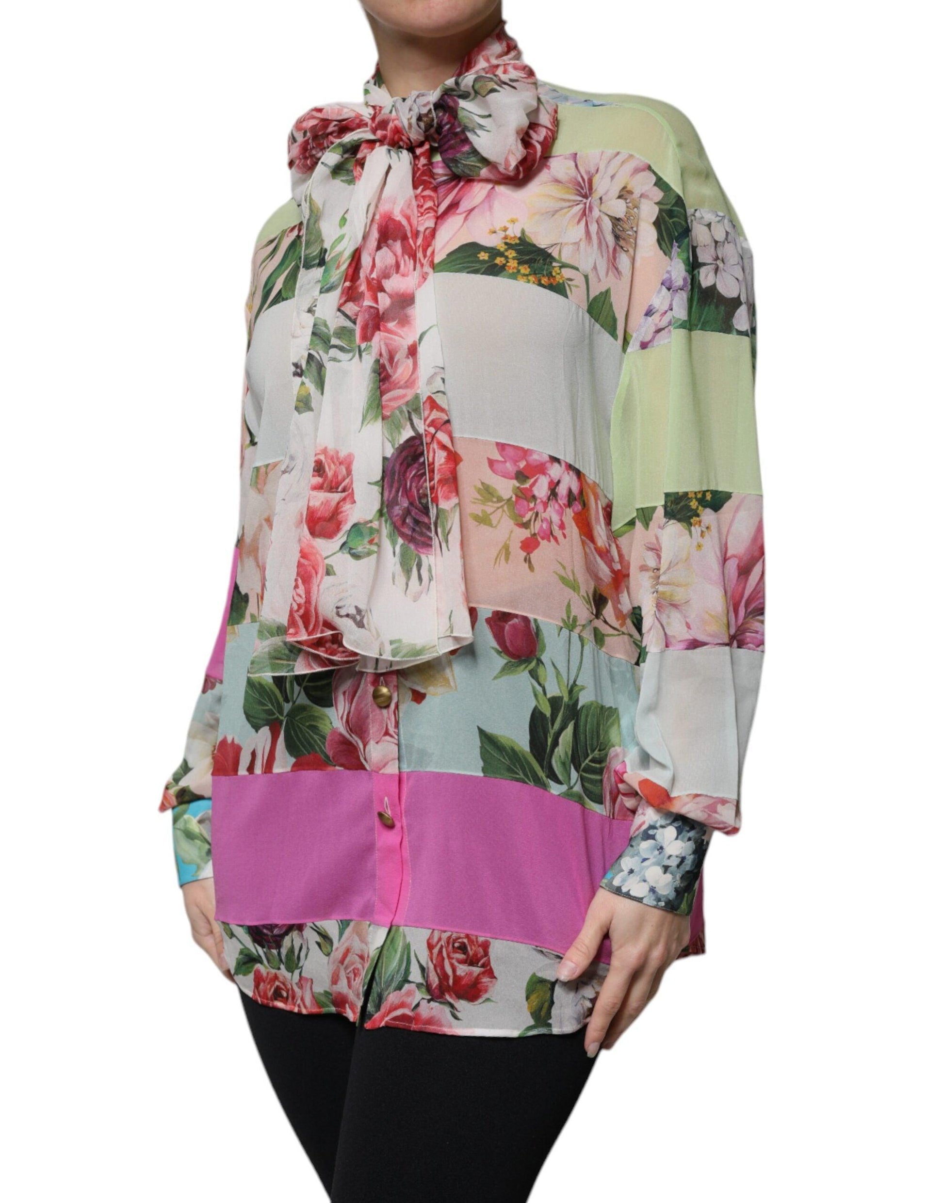 Dolce & Gabbana Multicolor Floral Patchwork Ascot Collar Top - Arichezz.store