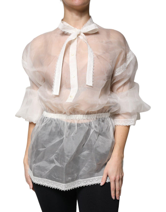 Dolce & Gabbana White Ascot Collar Long Sleeves Blouse Top - Arichezz.store