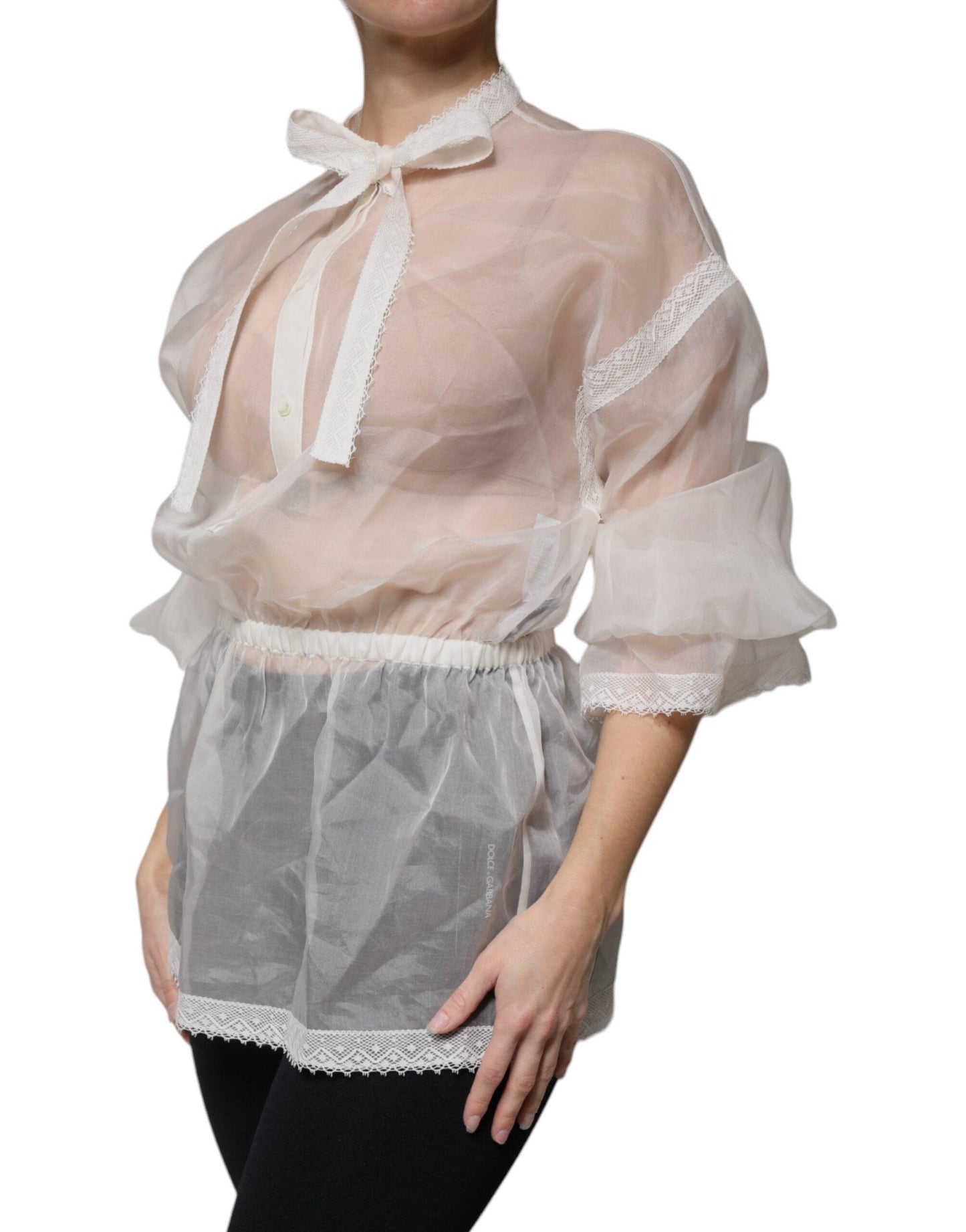 Dolce & Gabbana White Ascot Collar Long Sleeves Blouse Top - Arichezz.store