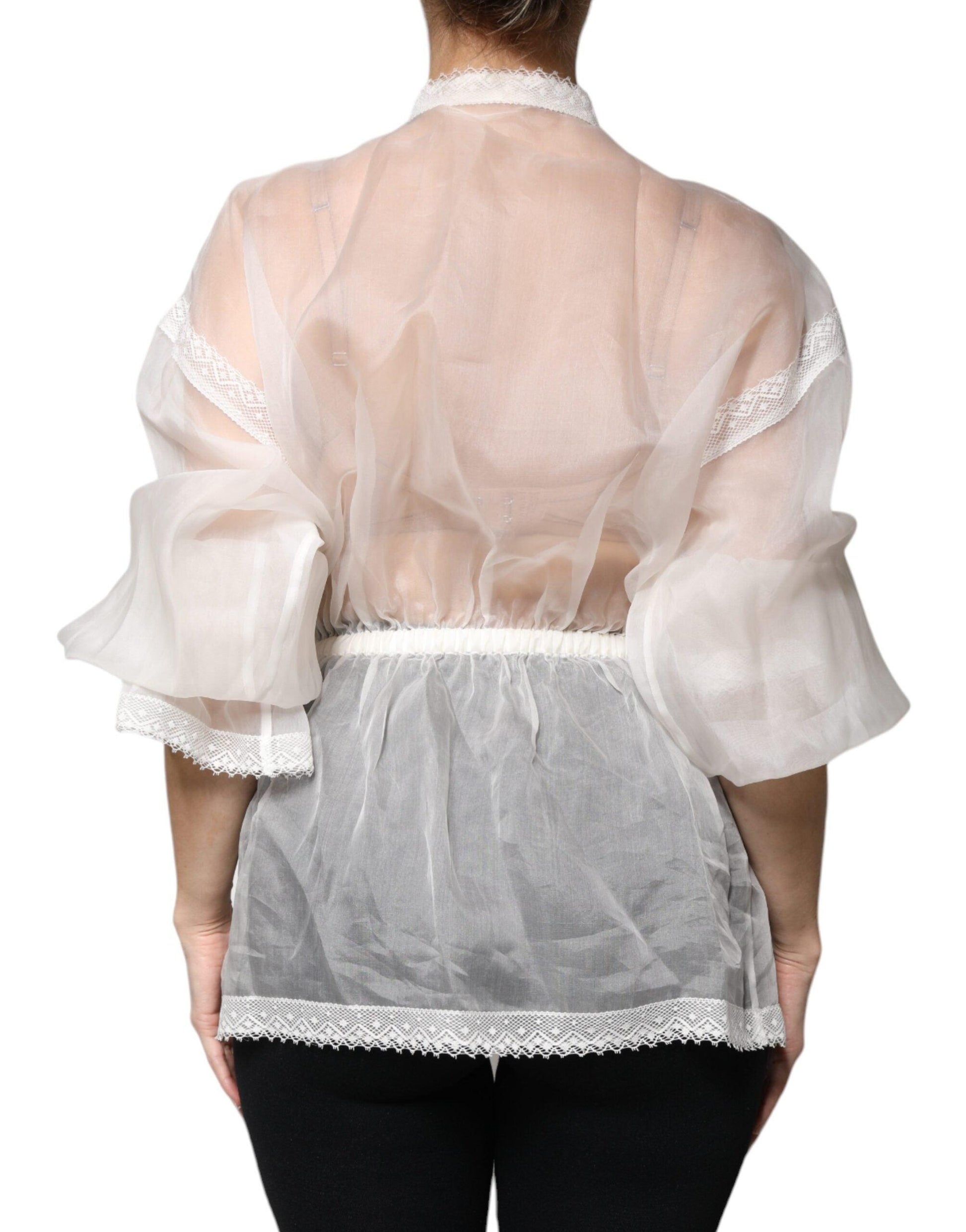 Dolce & Gabbana White Ascot Collar Long Sleeves Blouse Top - Arichezz.store