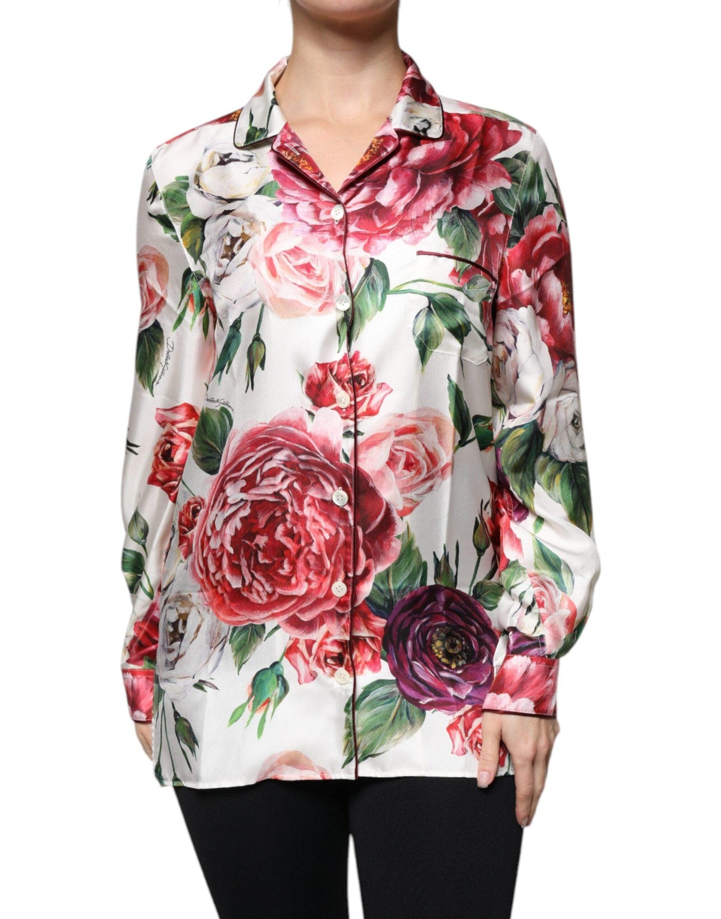 Dolce & Gabbana White Peony Silk Long Sleeves Collared Blouse Top - Arichezz.store