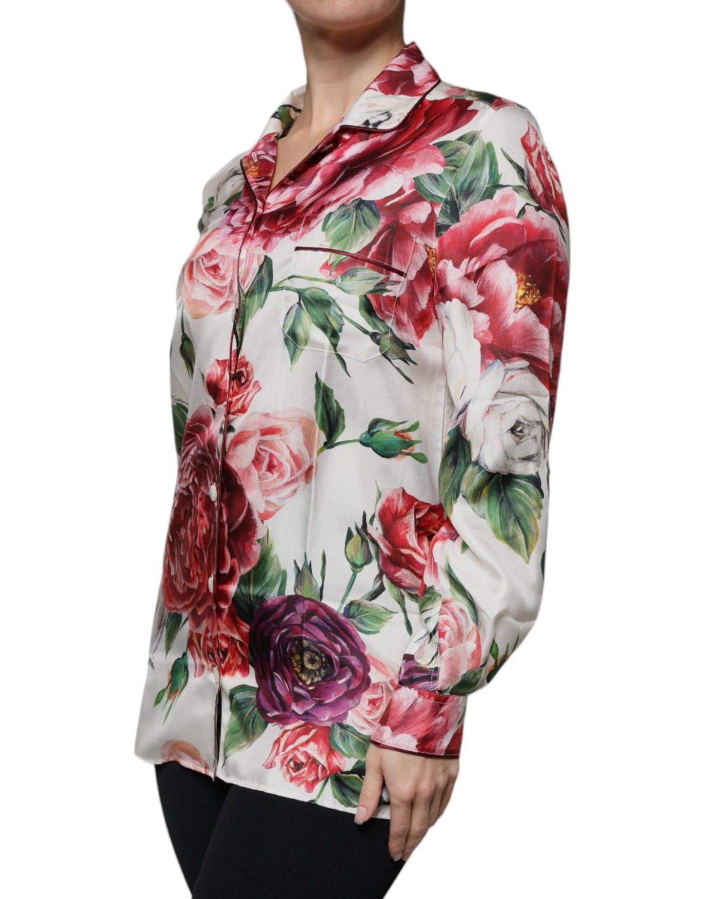 Dolce & Gabbana White Peony Silk Long Sleeves Collared Blouse Top - Arichezz.store