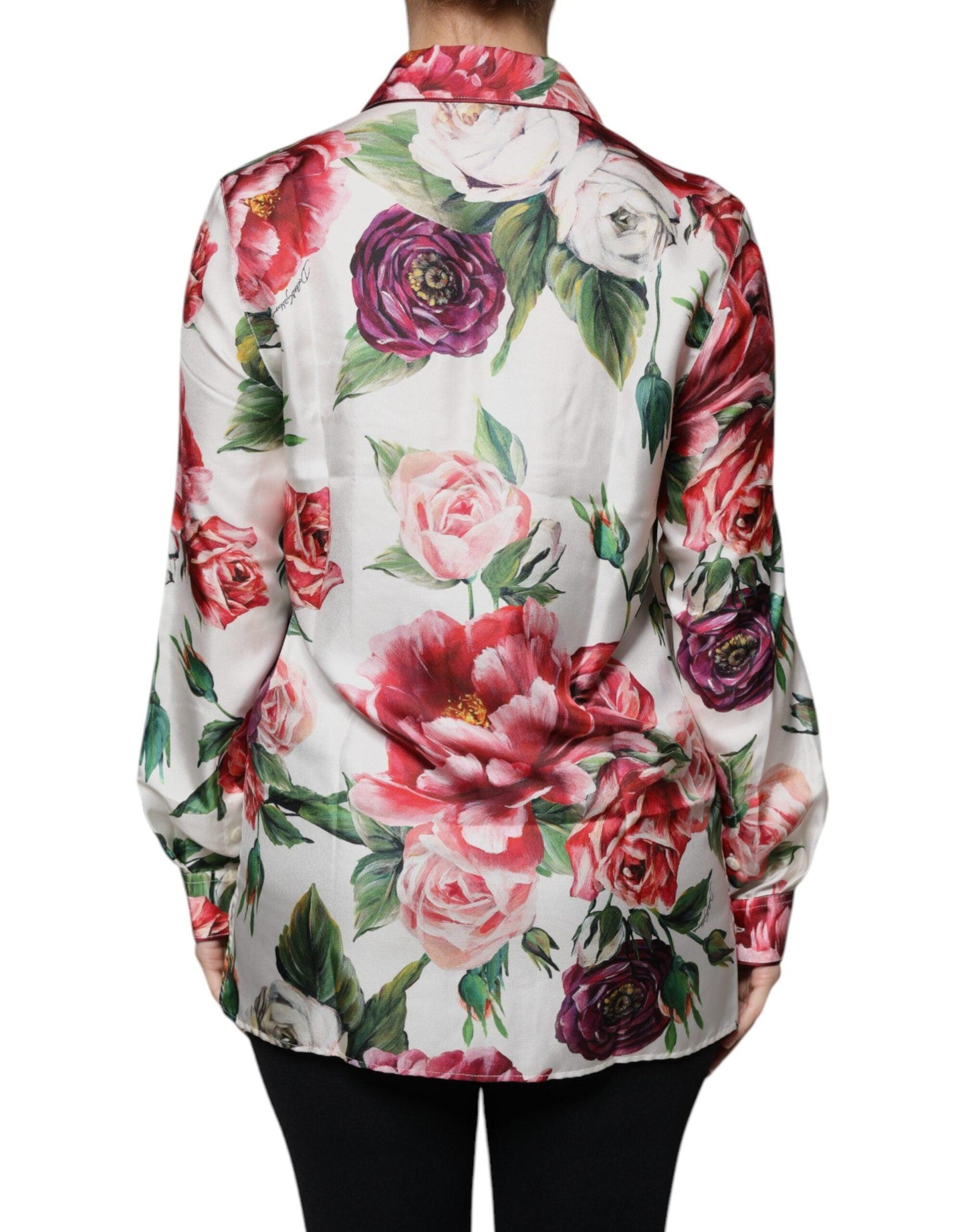 Dolce & Gabbana White Peony Silk Long Sleeves Collared Blouse Top - Arichezz.store