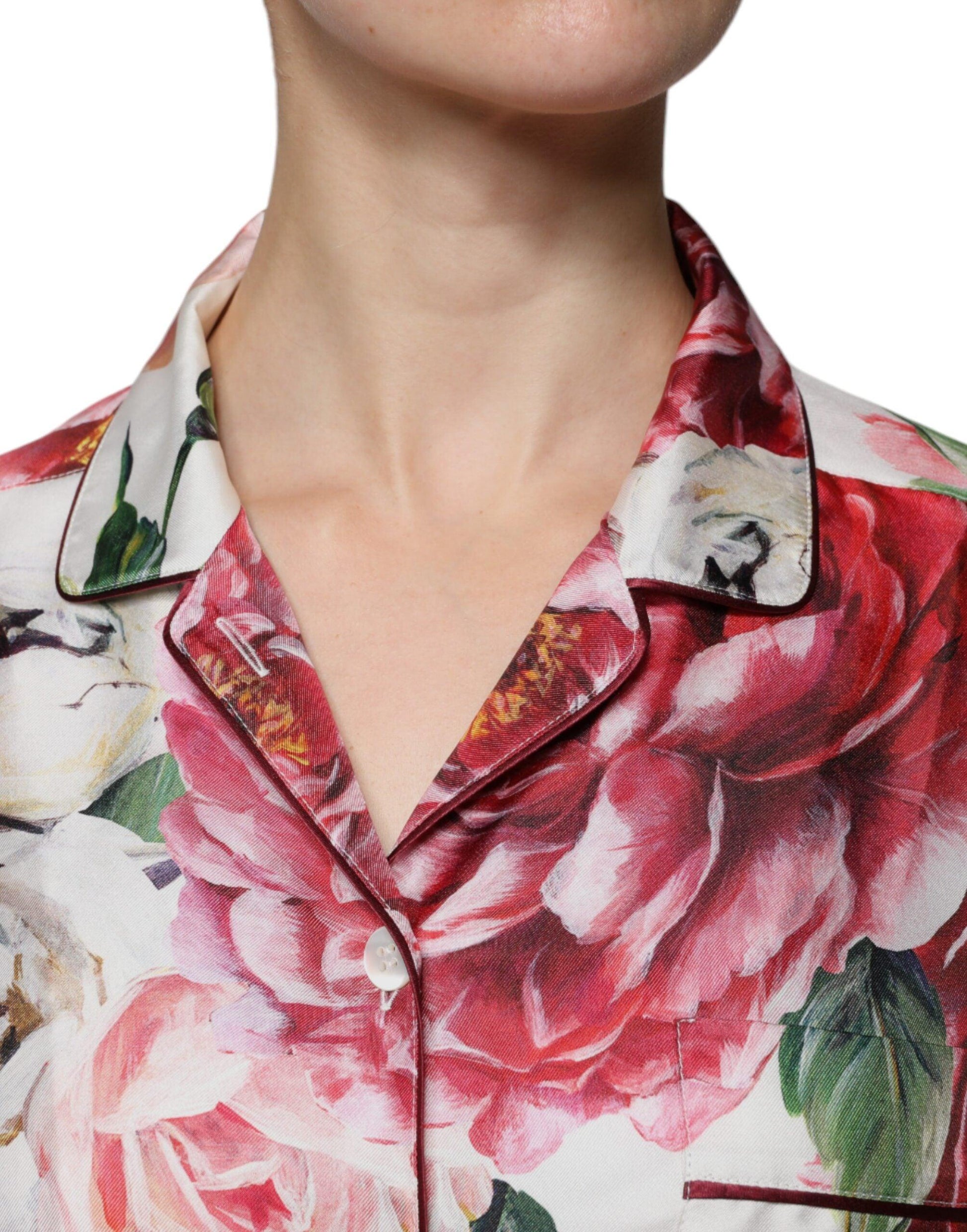 Dolce & Gabbana White Peony Silk Long Sleeves Collared Blouse Top - Arichezz.store