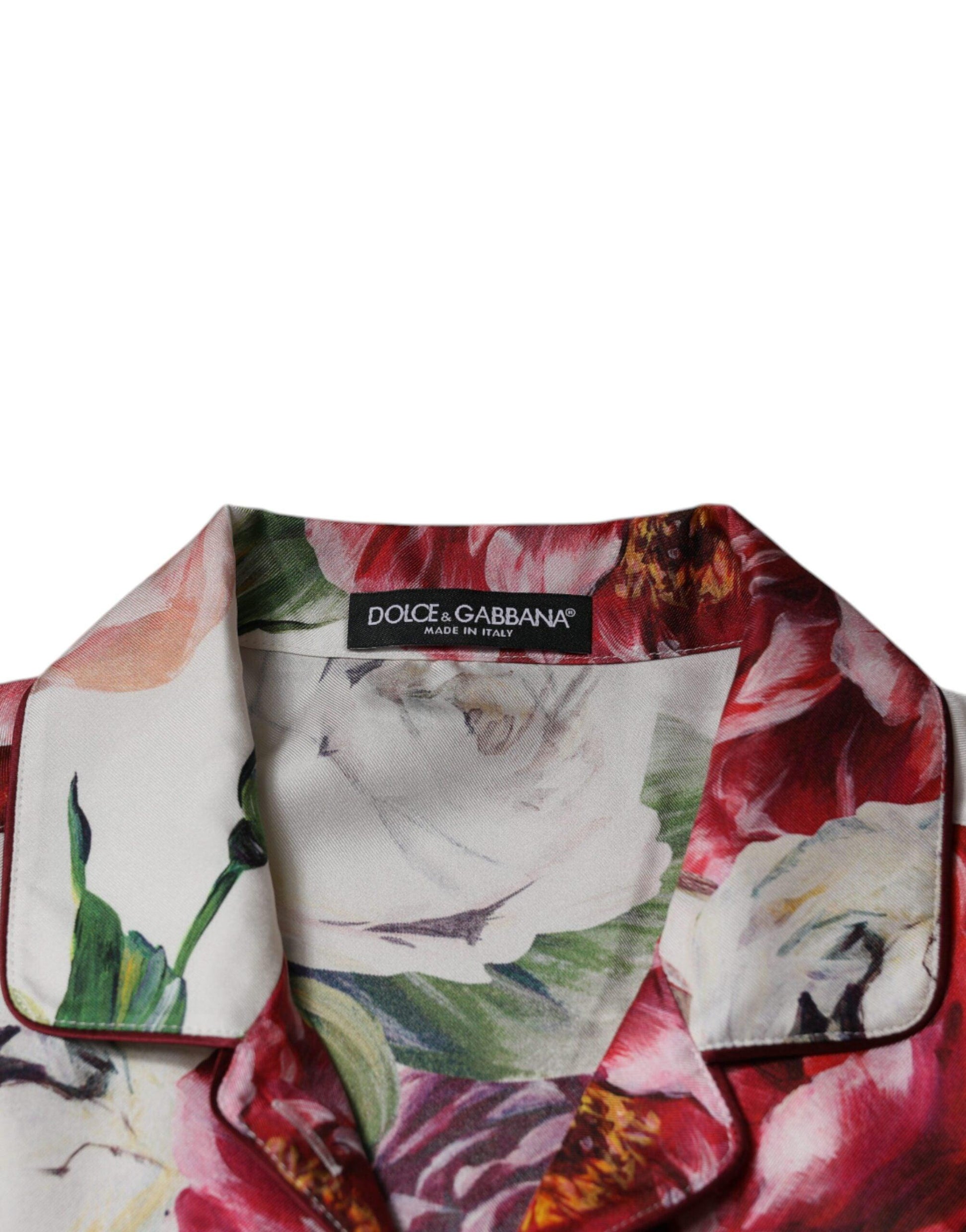 Dolce & Gabbana White Peony Silk Long Sleeves Collared Blouse Top - Arichezz.store