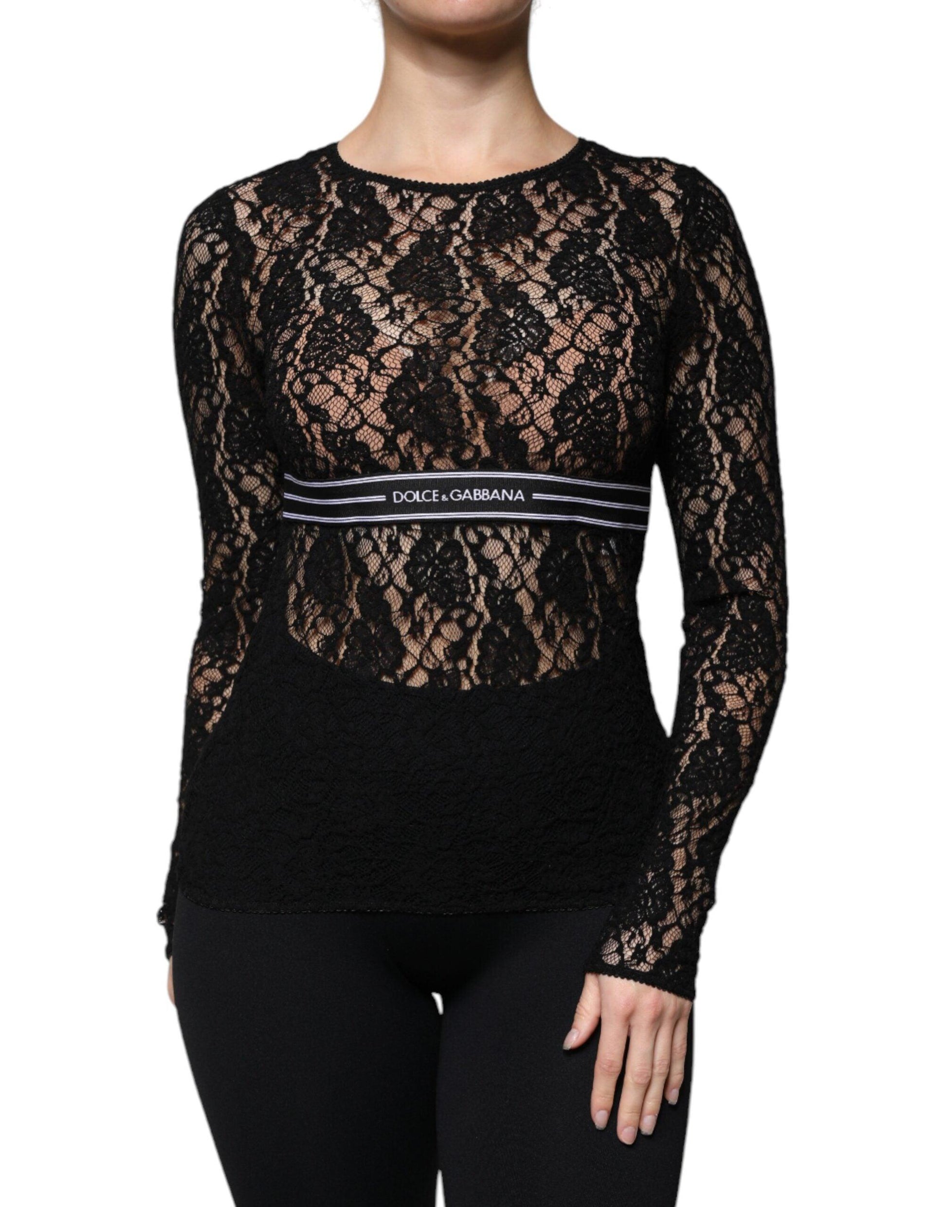 Dolce & Gabbana Black Logo Stripe Lace Long Sleeves Top - Arichezz.store