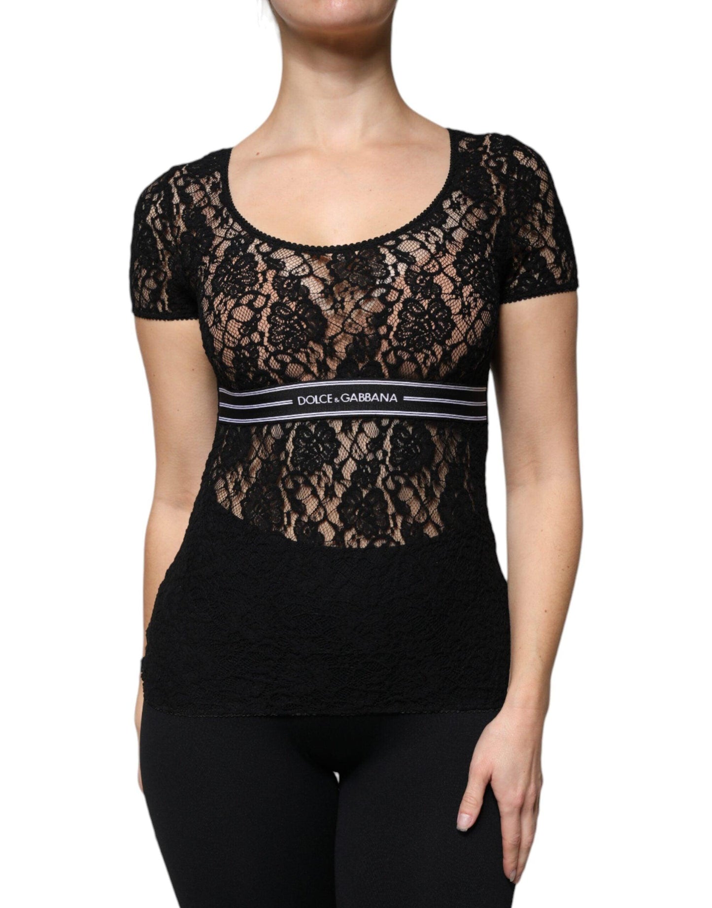 Dolce & Gabbana Black Logo Stripe Lace Short Sleeves Top - Arichezz.store