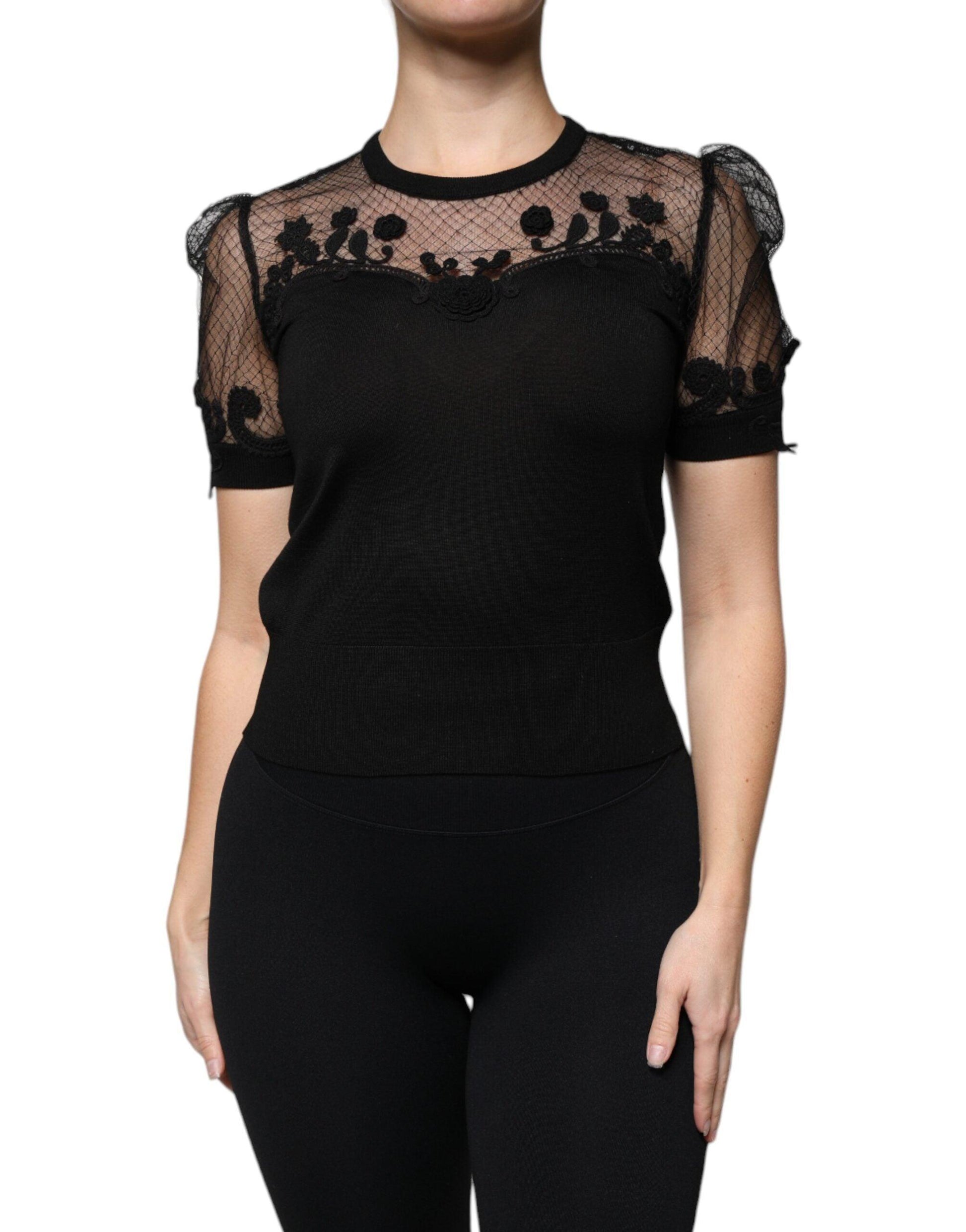 Dolce & Gabbana Black Floral Lace Short Sleeves Blouse Top - Arichezz.store