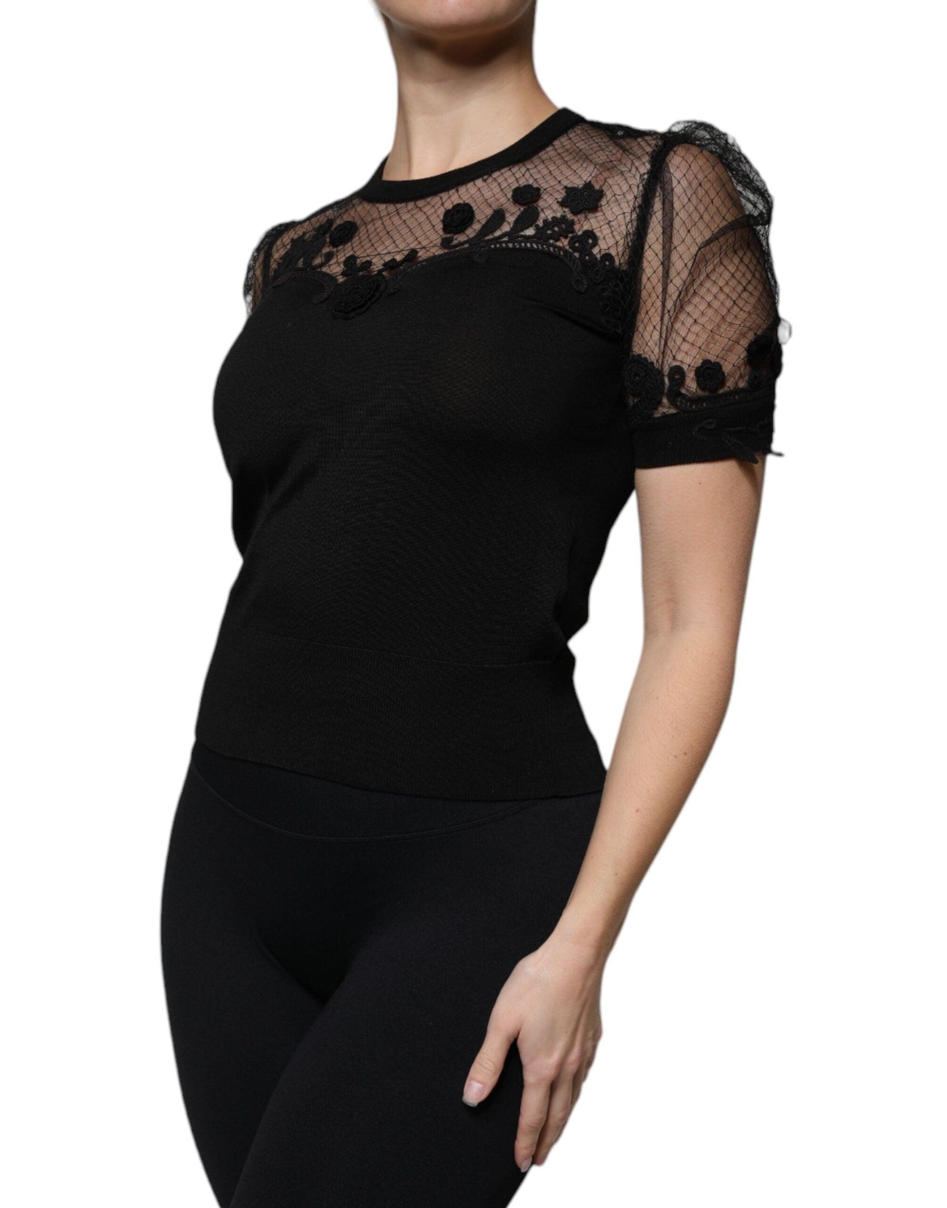 Dolce & Gabbana Black Floral Lace Short Sleeves Blouse Top - Arichezz.store