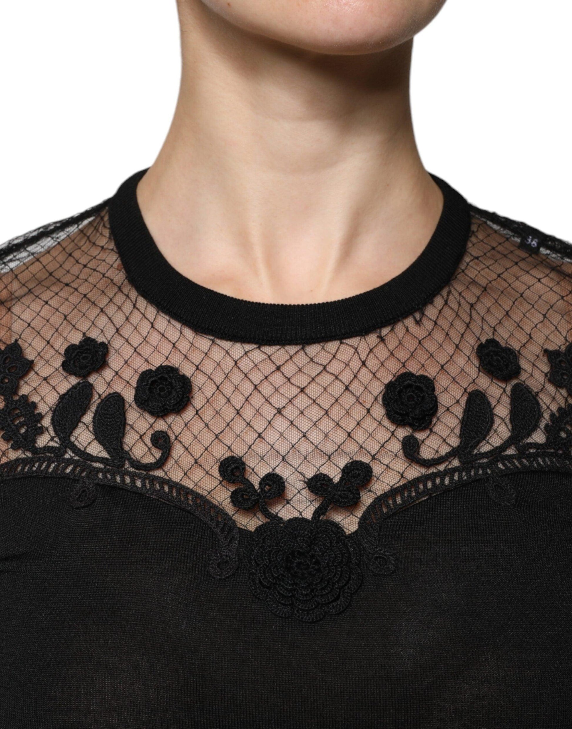 Dolce & Gabbana Black Floral Lace Short Sleeves Blouse Top - Arichezz.store