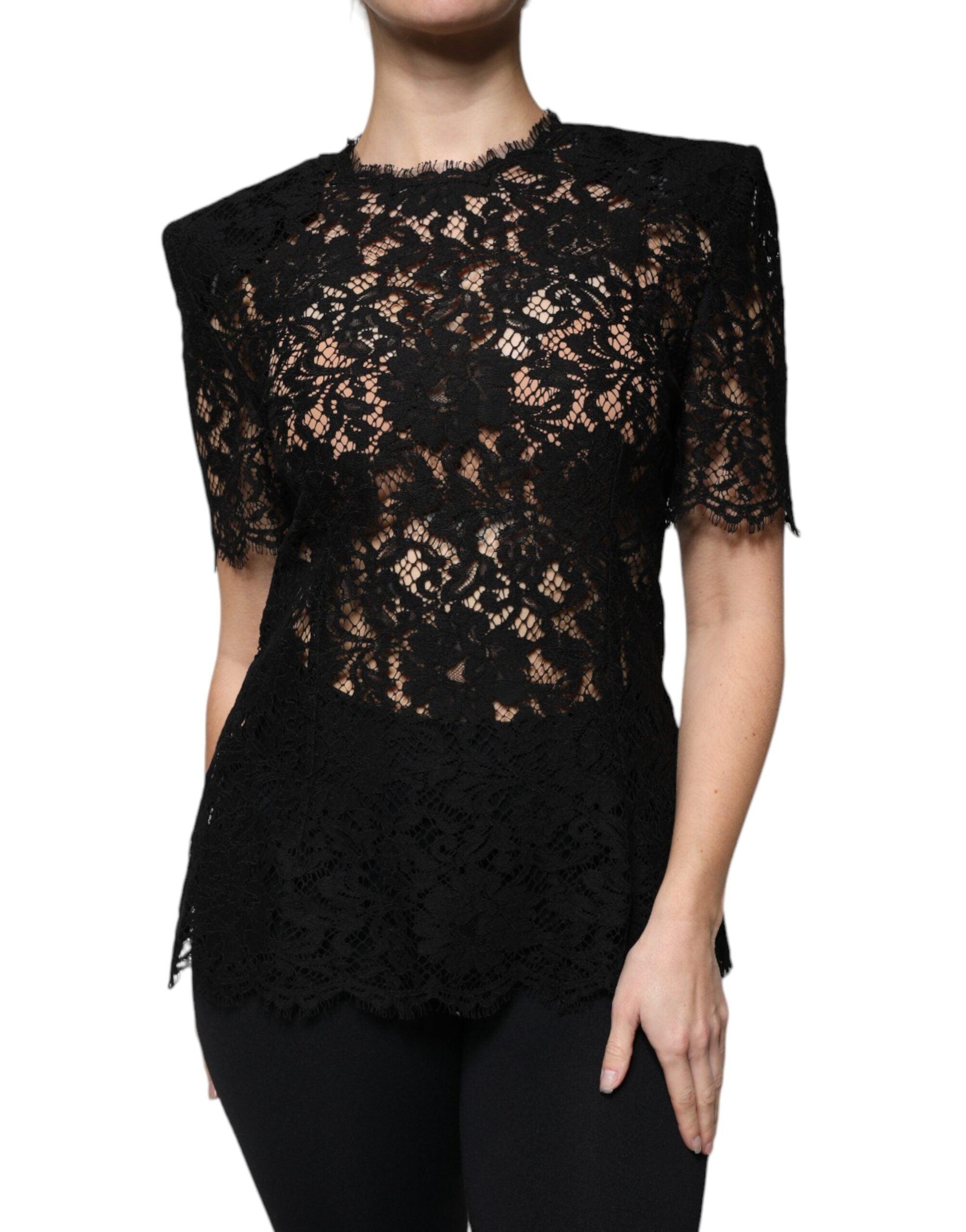 Dolce & Gabbana Black Floral Lace Short Sleeves Blouse Top - Arichezz.store