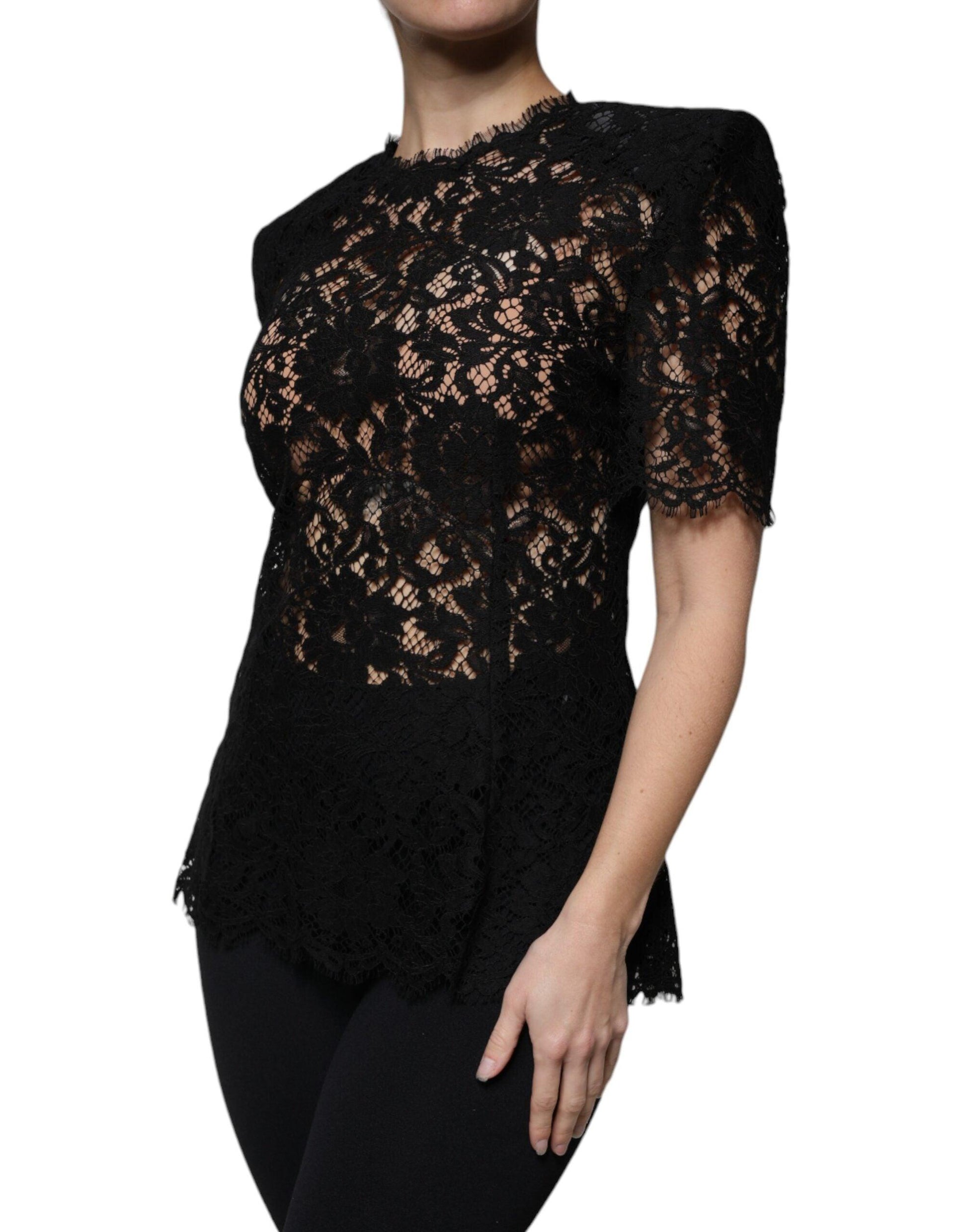 Dolce & Gabbana Black Floral Lace Short Sleeves Blouse Top - Arichezz.store