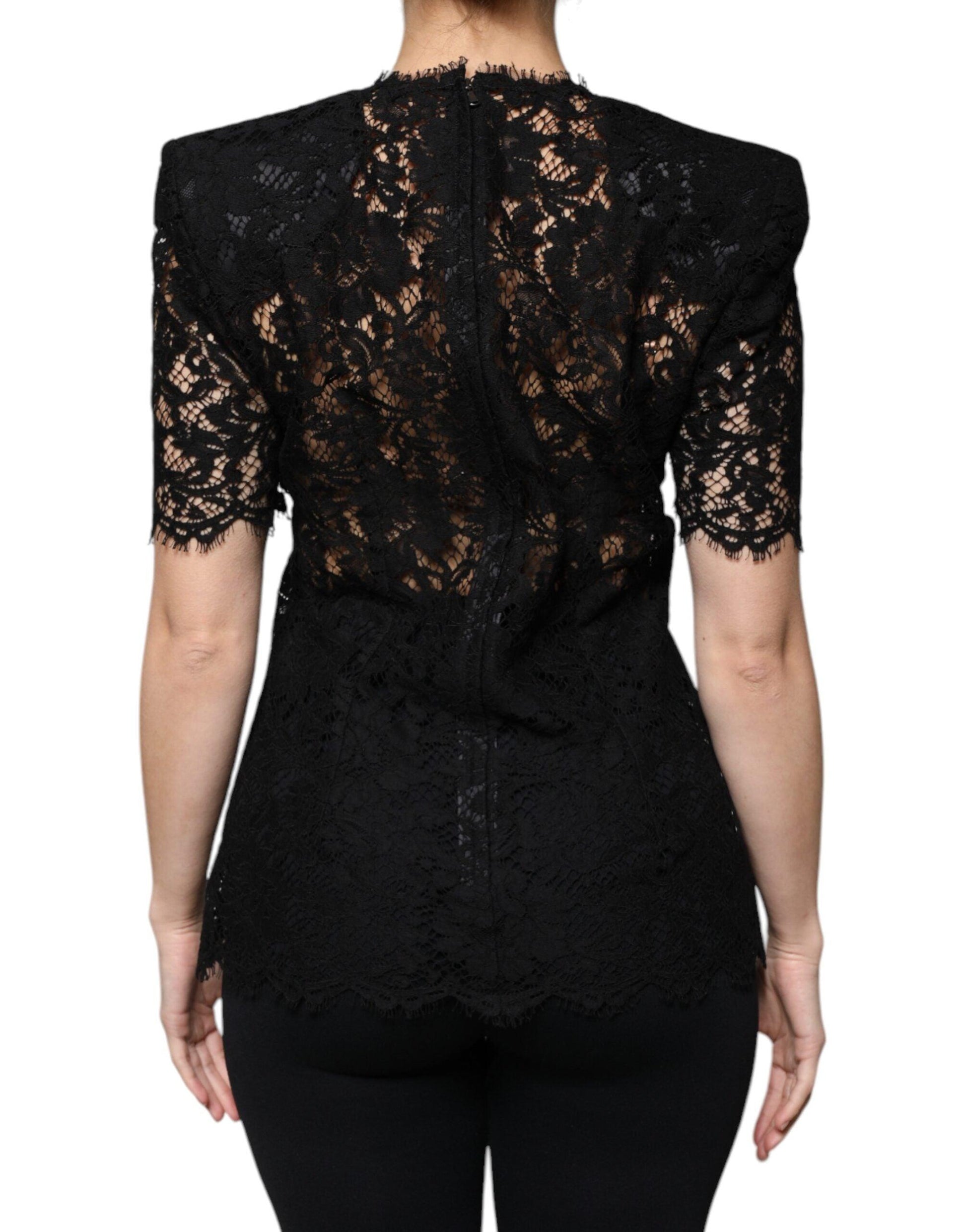 Dolce & Gabbana Black Floral Lace Short Sleeves Blouse Top - Arichezz.store