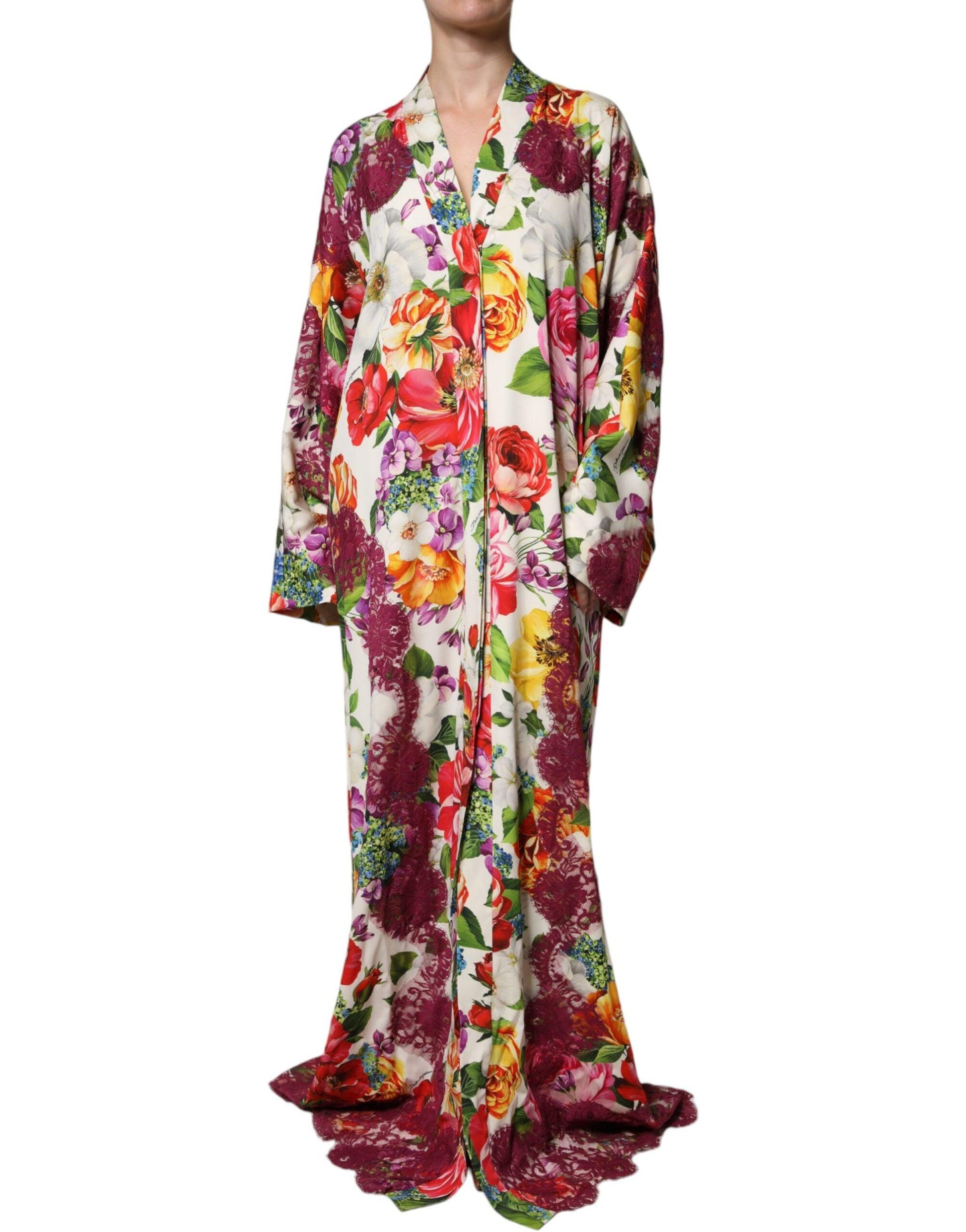 Dolce & Gabbana Multicolor Floral Lace Silk Abaya Long Sleeves Dress - Arichezz.store