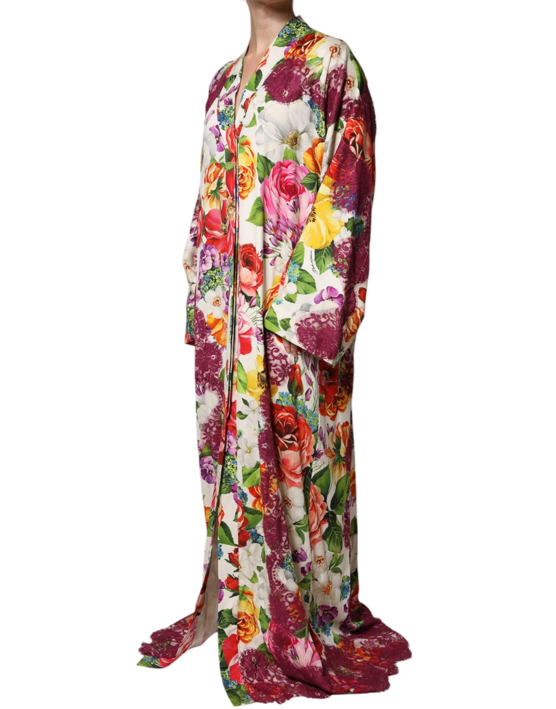 Dolce & Gabbana Multicolor Floral Lace Silk Abaya Long Sleeves Dress - Arichezz.store