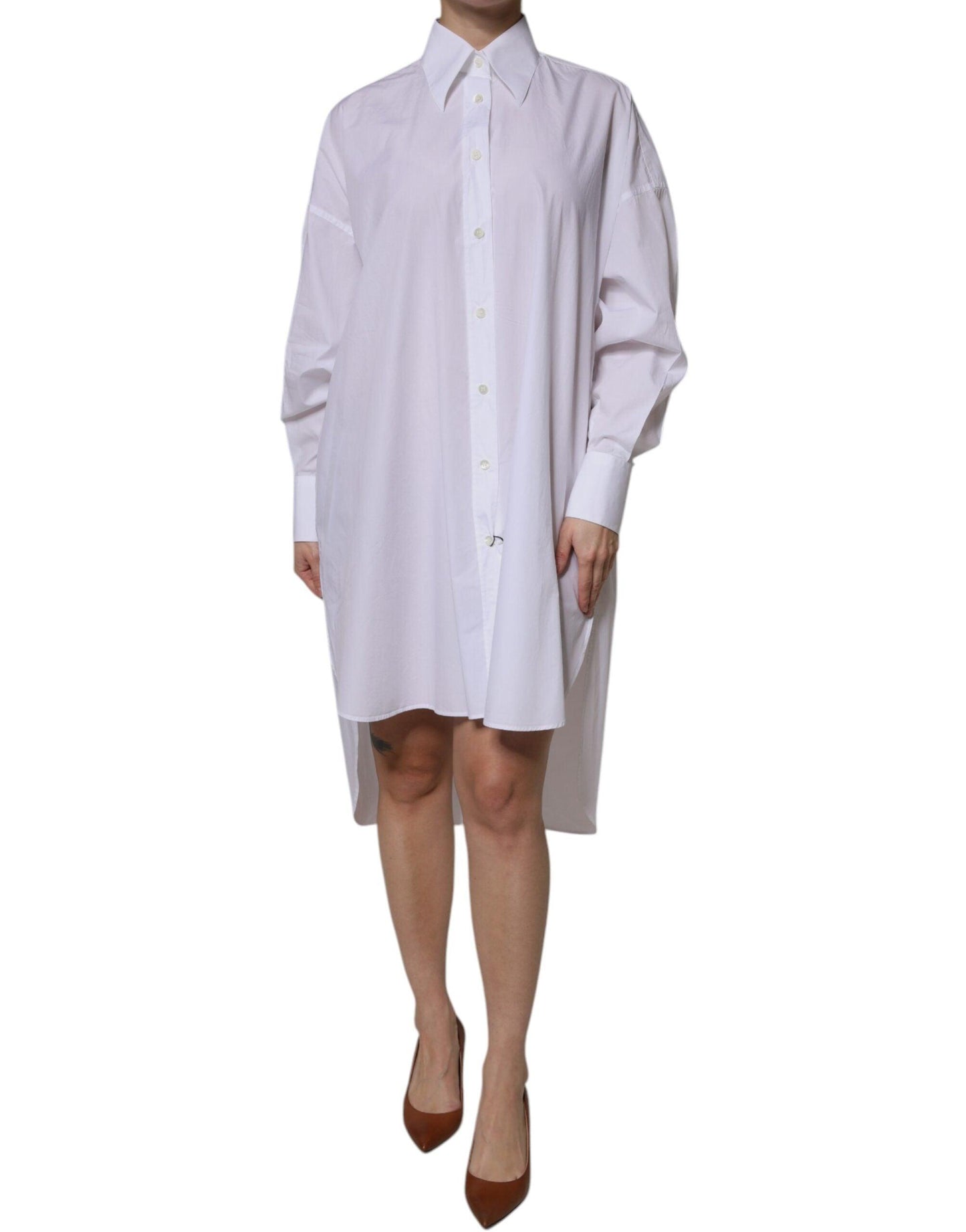 Dolce & Gabbana White Cotton Collared Long Sleeves Shirt Dress - Arichezz.store