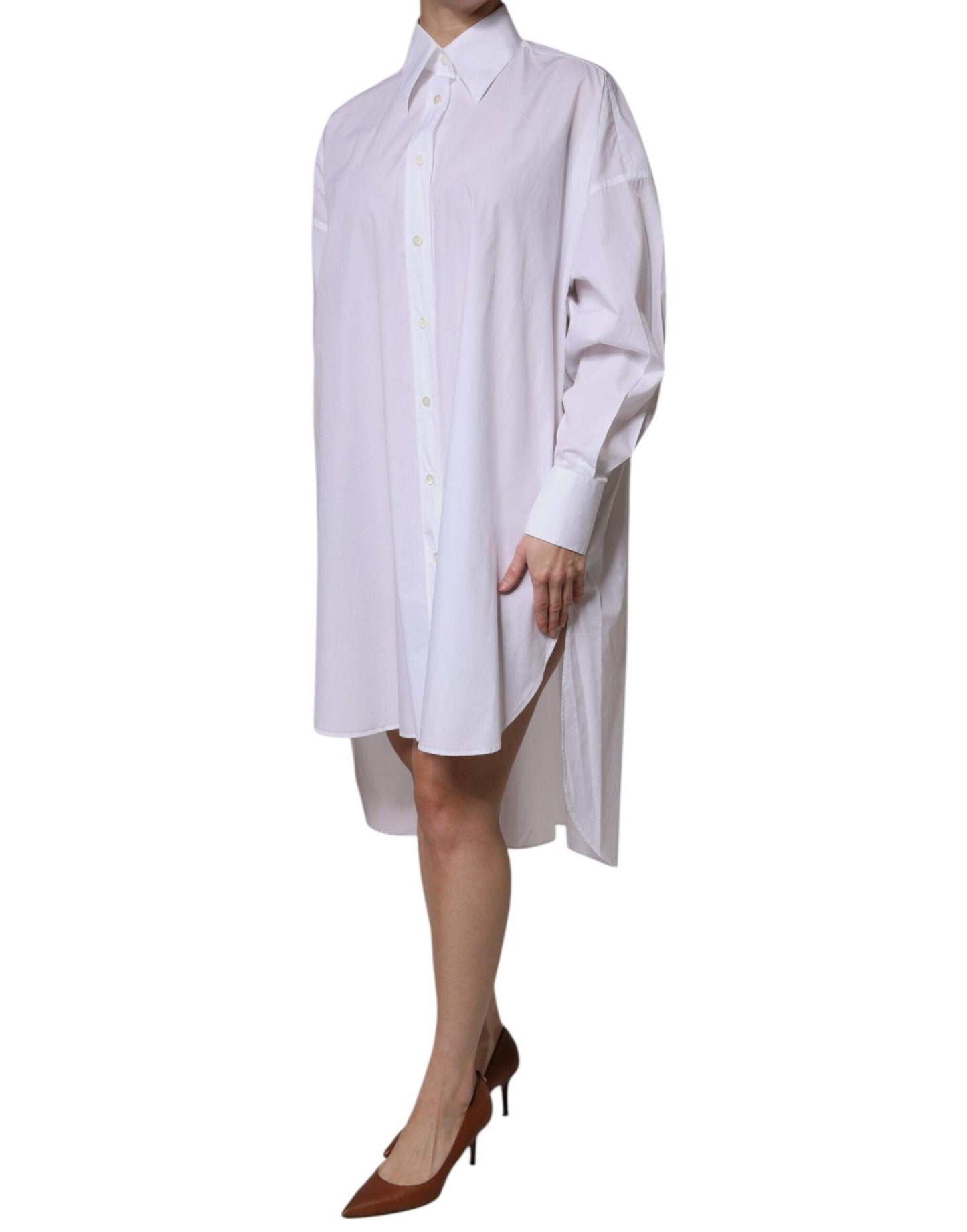 Dolce & Gabbana White Cotton Collared Long Sleeves Shirt Dress - Arichezz.store