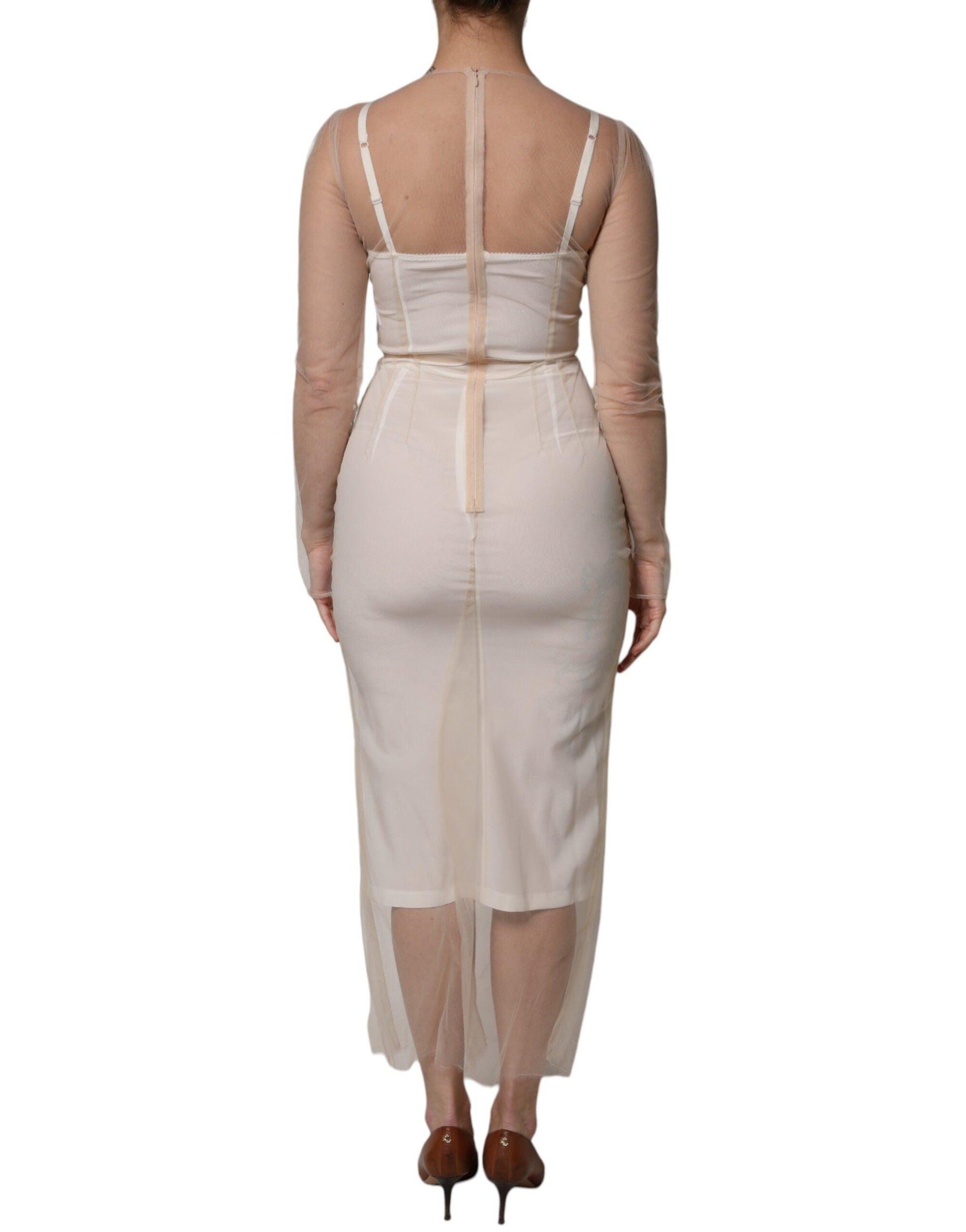 Dolce & Gabbana White Sheer Tulle Bustier Bodycon Midi Dress - Arichezz.store