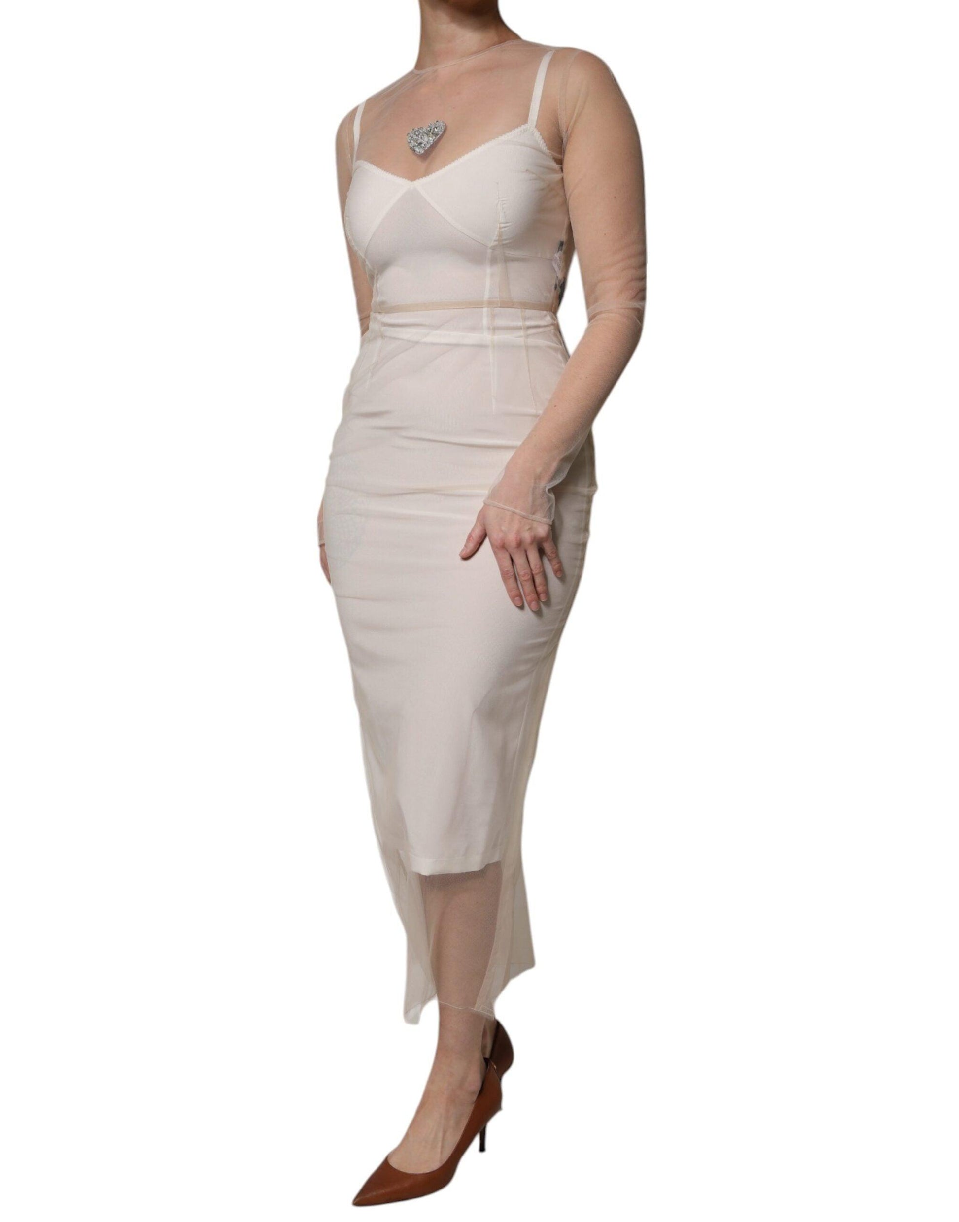 Dolce & Gabbana White Sheer Tulle Bustier Bodycon Midi Dress - Arichezz.store