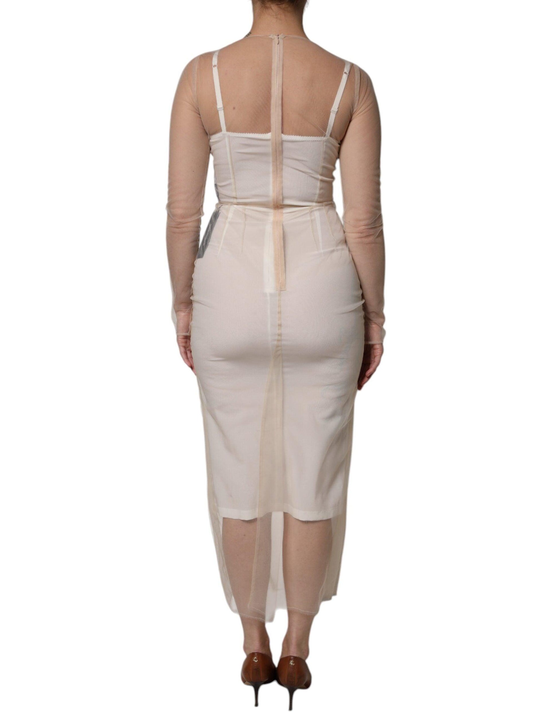 Dolce & Gabbana White Sheer Tulle Bustier Bodycon Midi Dress - Arichezz.store