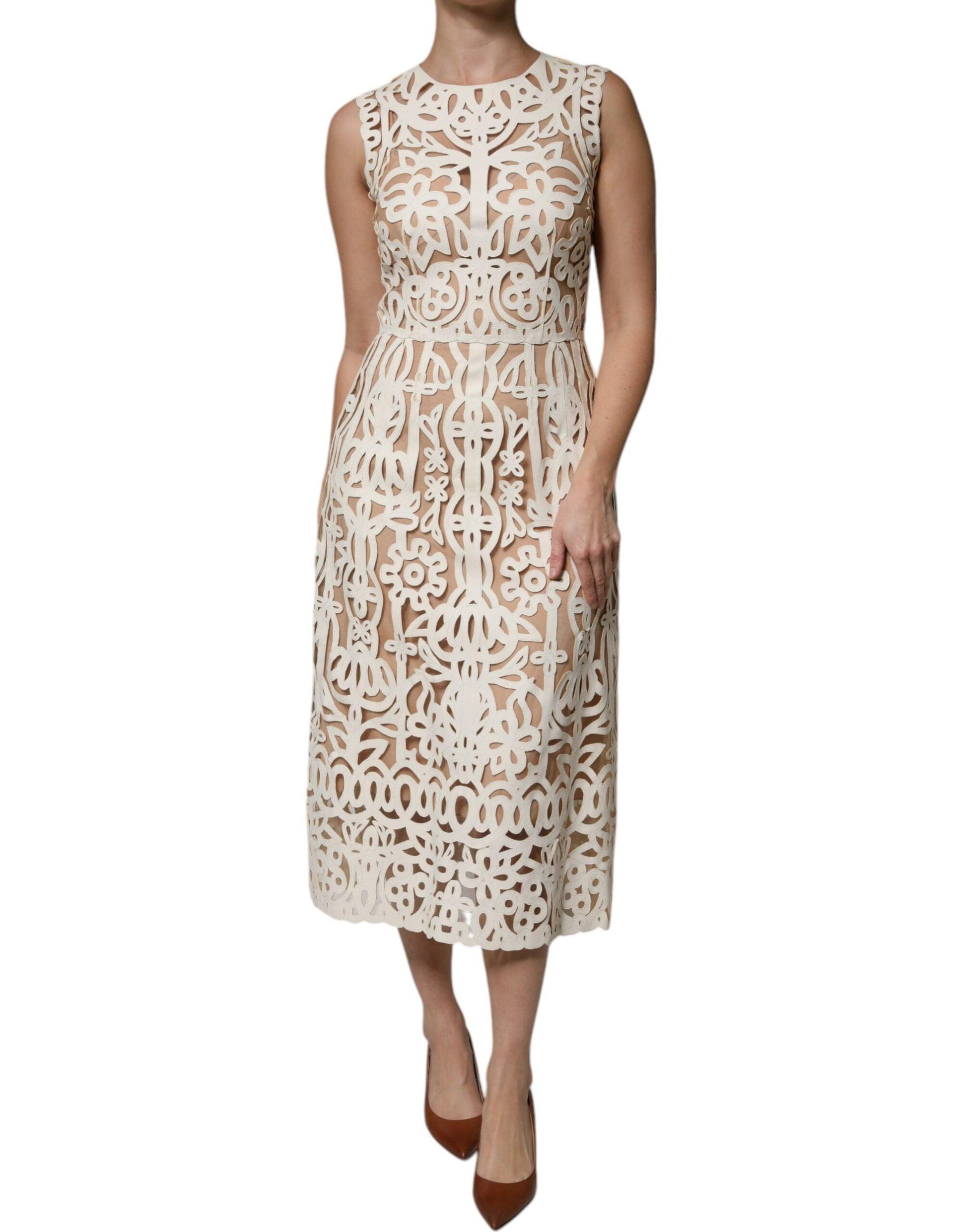 Dolce & Gabbana White Cut Out Leather Sleeveless Midi Dress - Arichezz.store