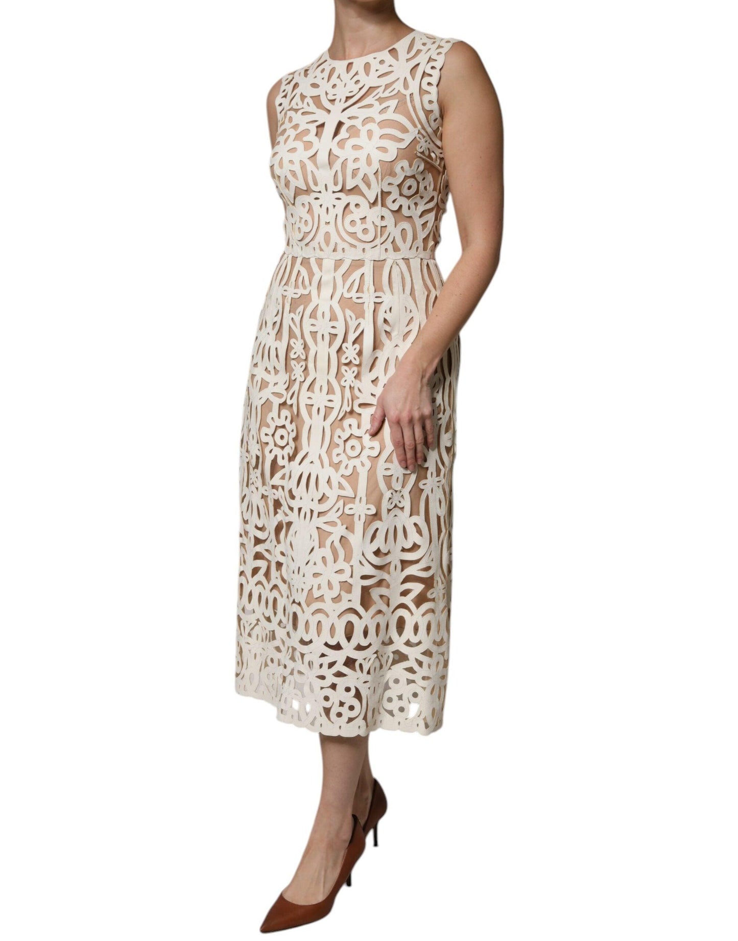 Dolce & Gabbana White Cut Out Leather Sleeveless Midi Dress - Arichezz.store