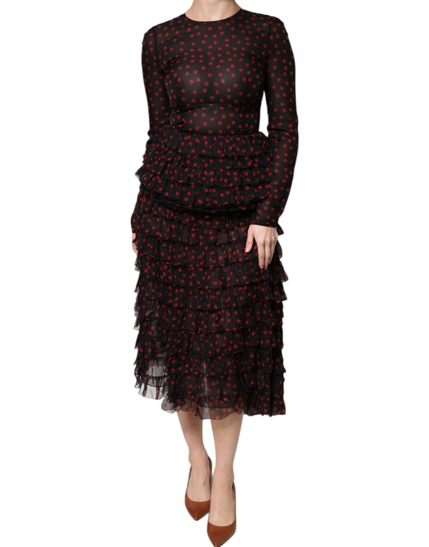 Dolce & Gabbana Black Red Polka Dot Silk Layered Midi Dress - Arichezz.store