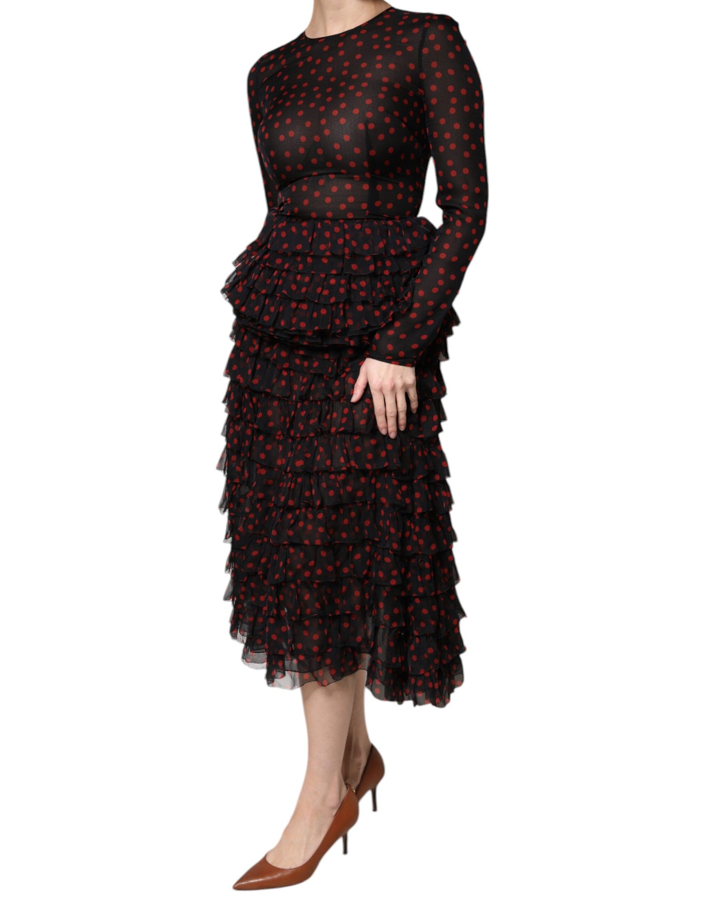 Dolce & Gabbana Black Red Polka Dot Silk Layered Midi Dress - Arichezz.store