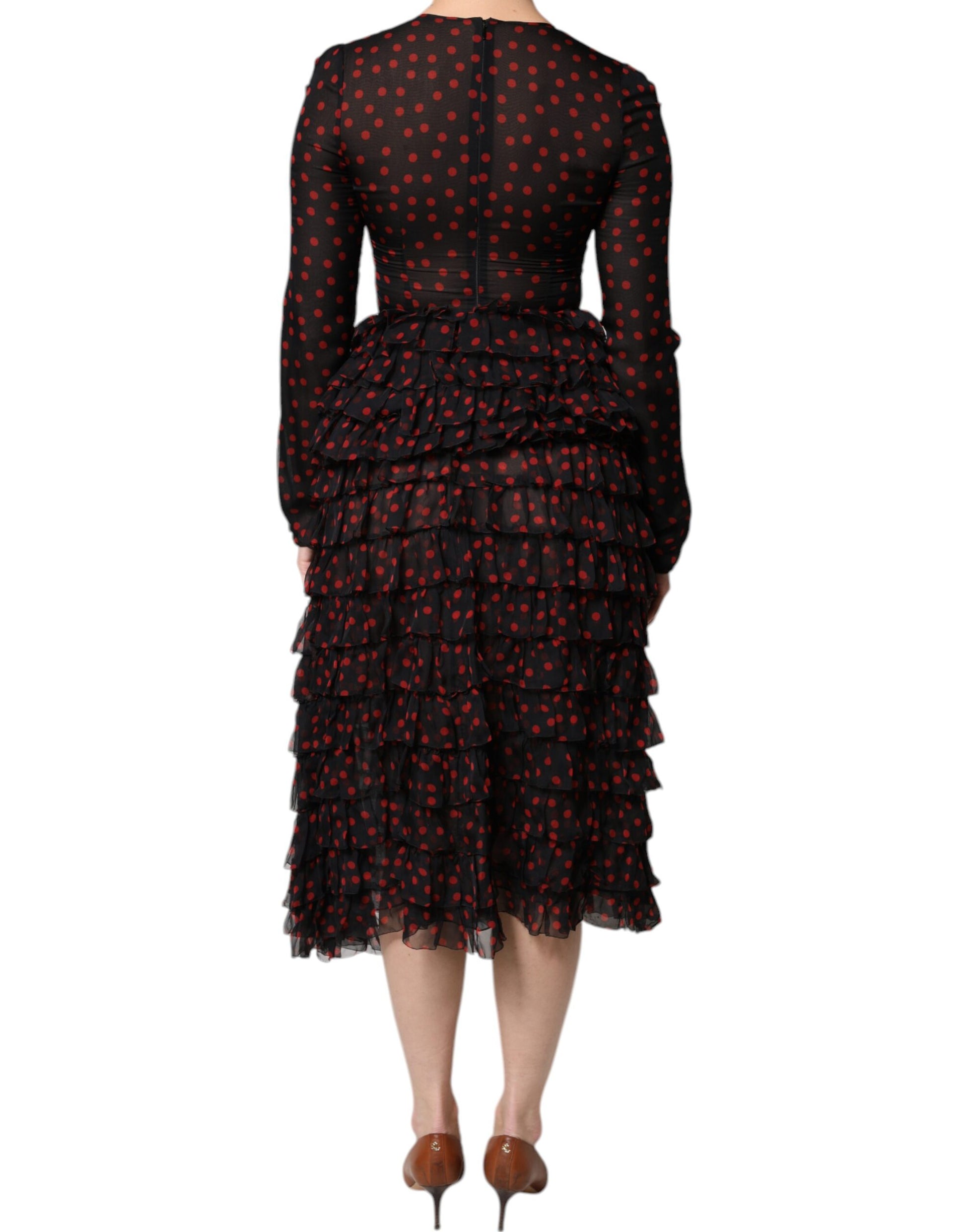 Dolce & Gabbana Black Red Polka Dot Silk Layered Midi Dress - Arichezz.store