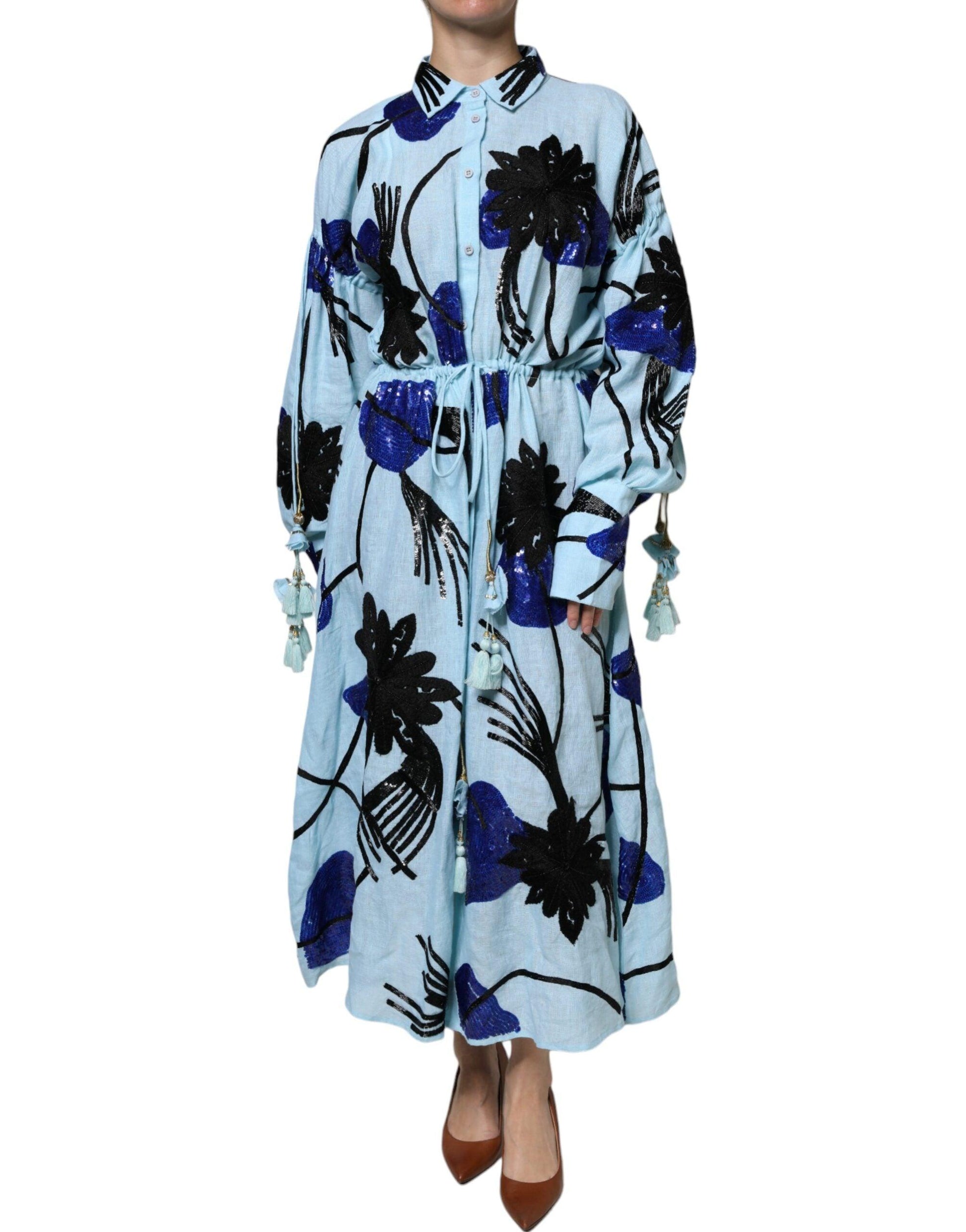 Christian Pellizzari Light Blue Floral Embellished Shirt Maxi Dress - Arichezz.store