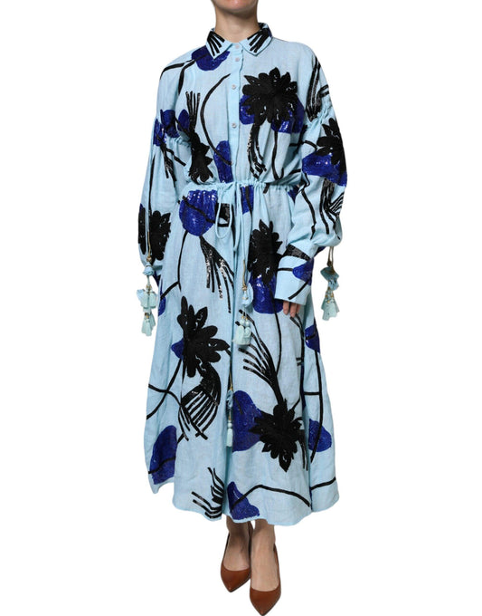 Christian Pellizzari Light Blue Floral Embellished Shirt Maxi Dress - Arichezz.store