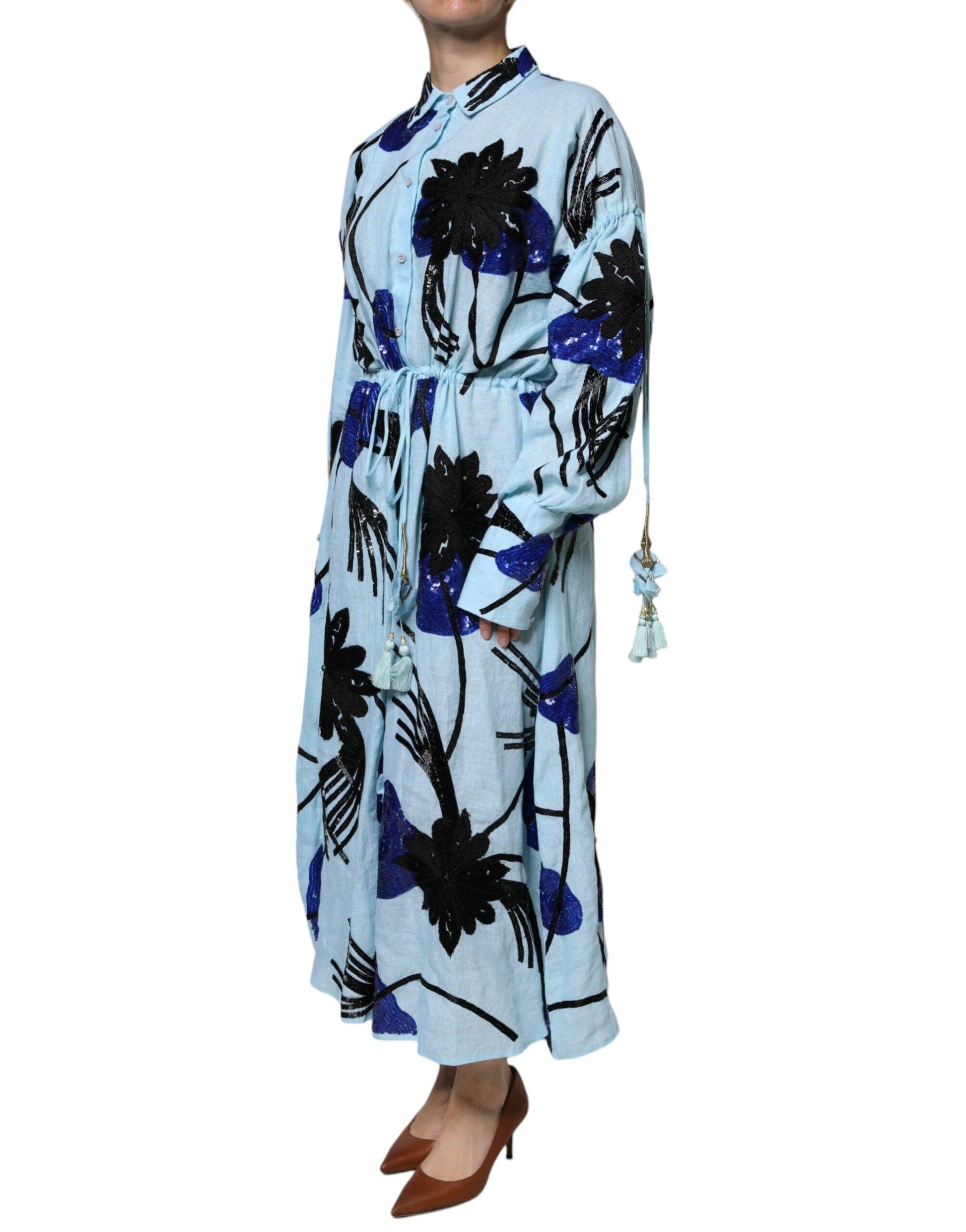 Christian Pellizzari Light Blue Floral Embellished Shirt Maxi Dress - Arichezz.store