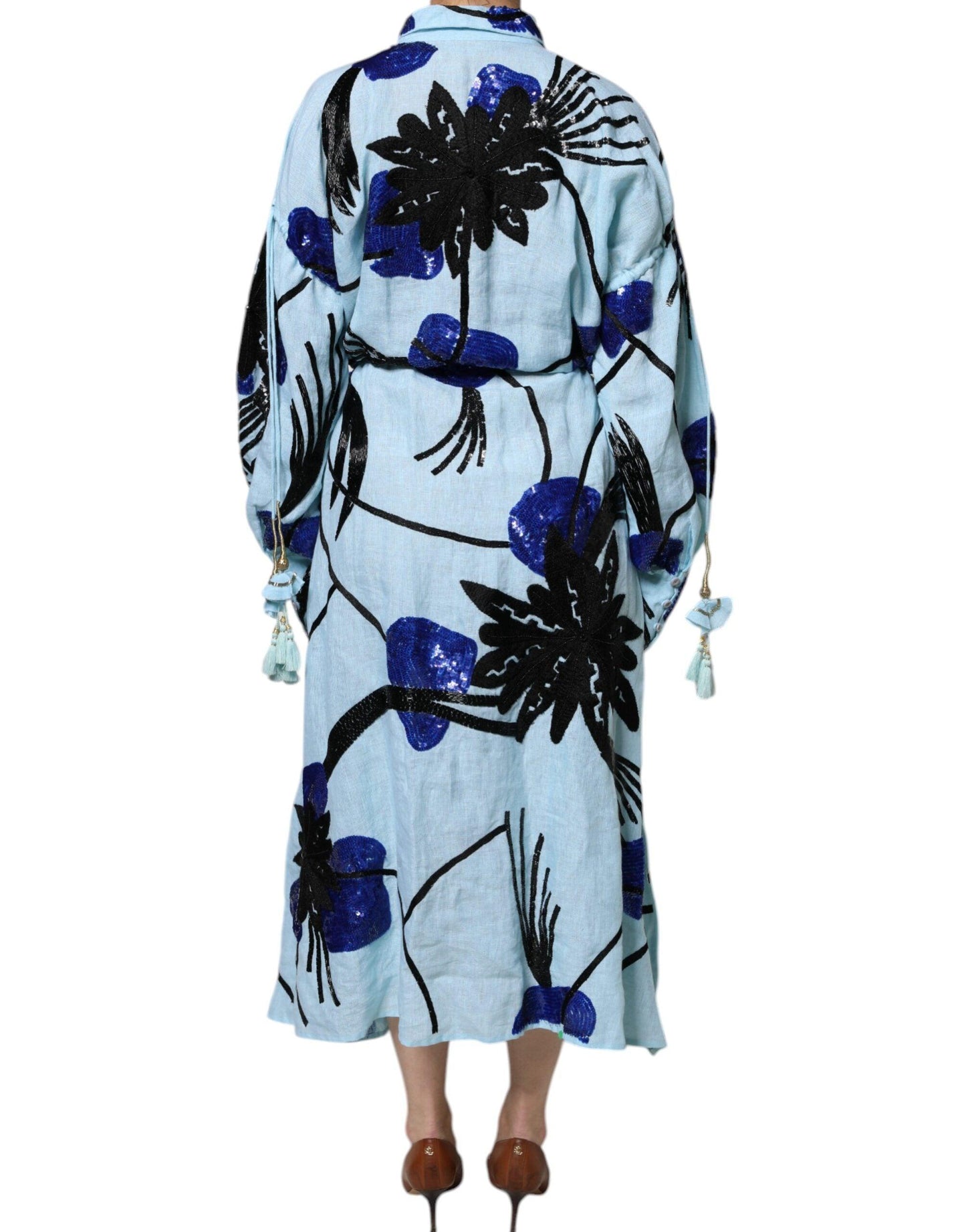 Christian Pellizzari Light Blue Floral Embellished Shirt Maxi Dress - Arichezz.store