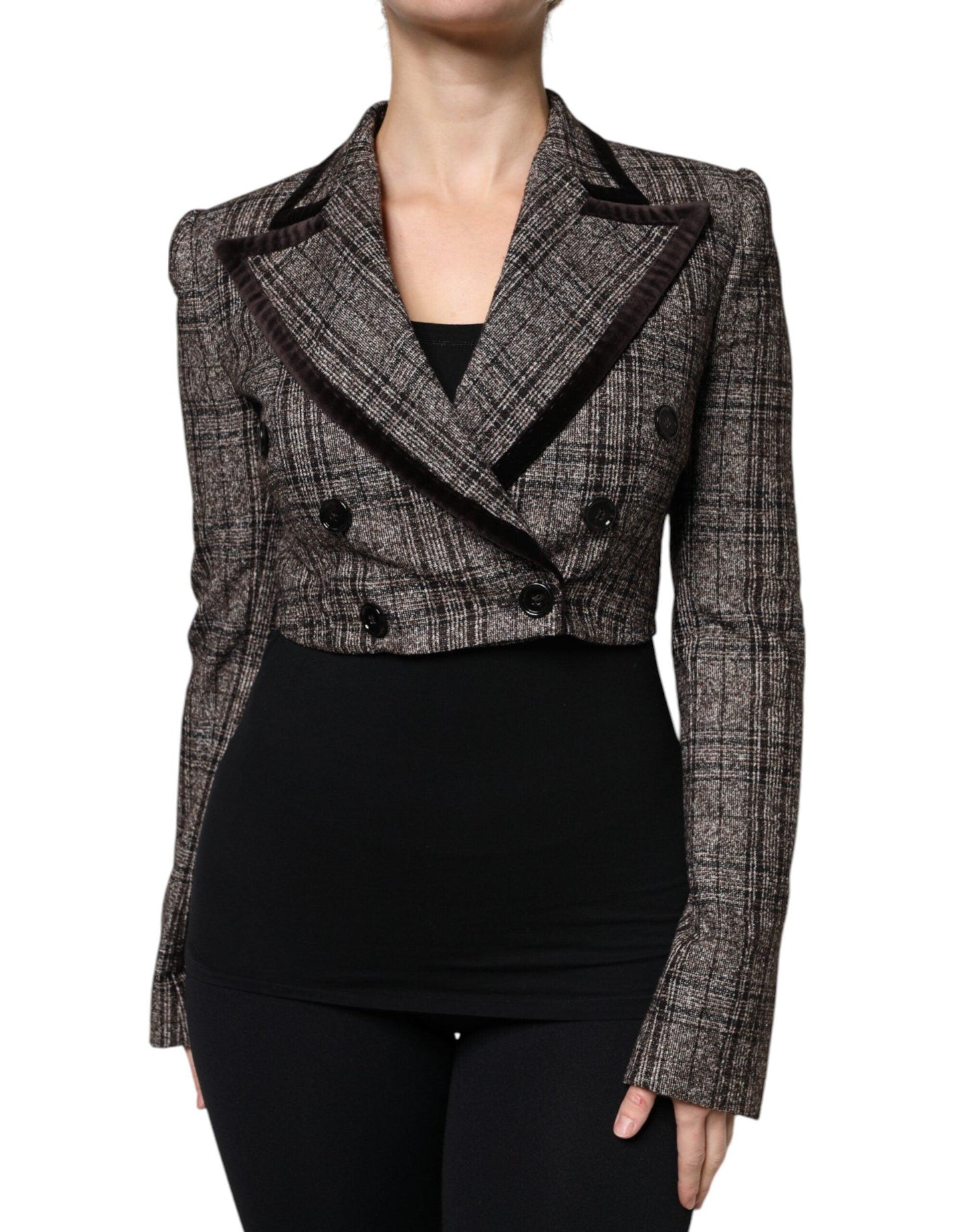 Dolce & Gabbana Brown Plaid Long Sleeve Cropped Coat Jacket - Arichezz.store