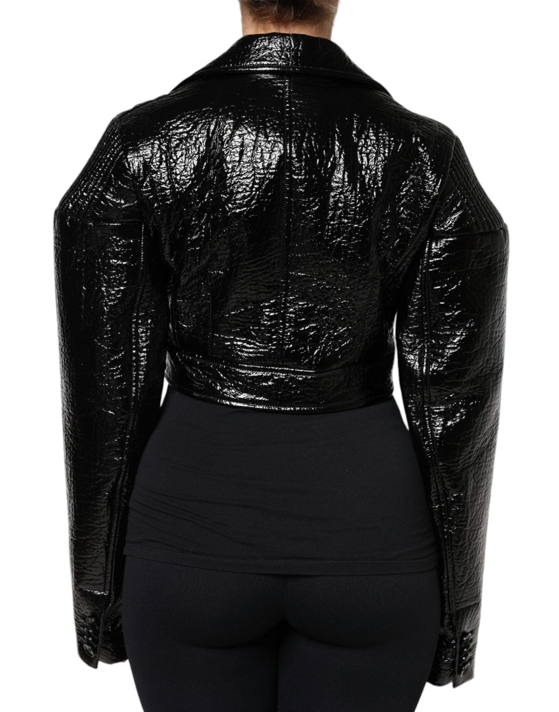 Dolce & Gabbana Black Leather Cropped Long Sleeve Coat Jacket - Arichezz.store