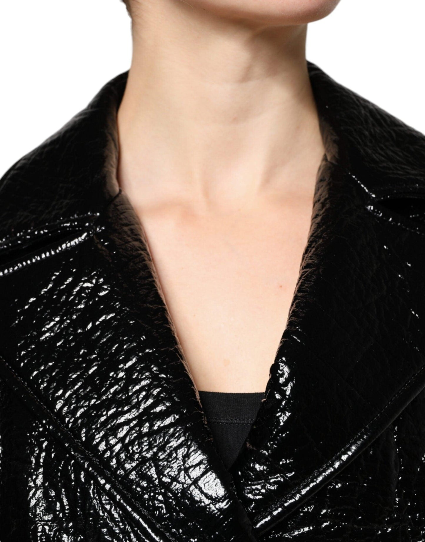 Dolce & Gabbana Black Leather Cropped Long Sleeve Coat Jacket - Arichezz.store