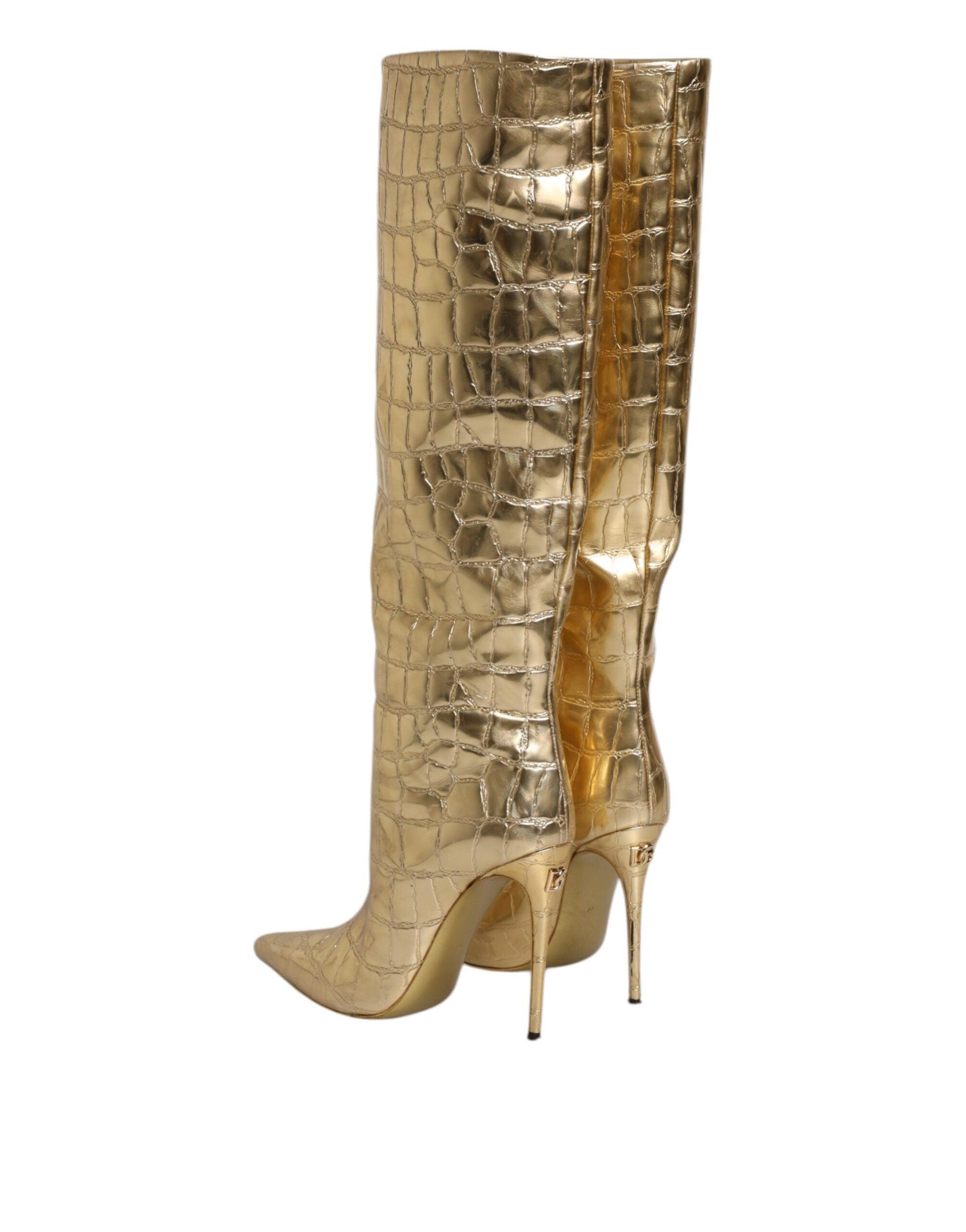 Dolce & Gabbana Gold Leather Stiletto Heels High Boots Shoes - Arichezz.store